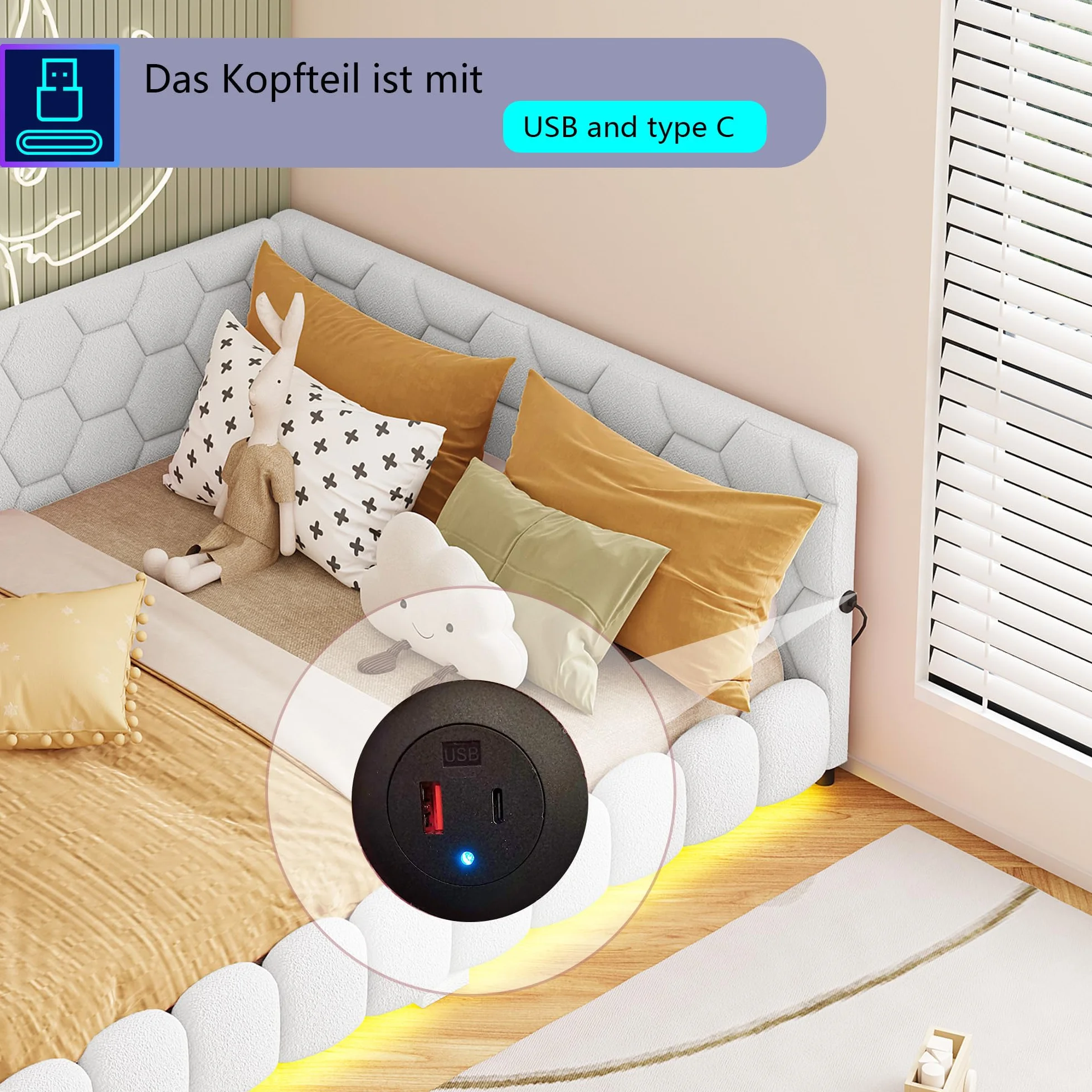 Łóżko tapicerowane z funkcją spania 140 x 200 cm z oświetleniem LED, łóżko dzienne ze stacją ładującą USB & Type-C, łóżko młodzieżowe w kształcie litery L, stelaż łóżka, bez materaca