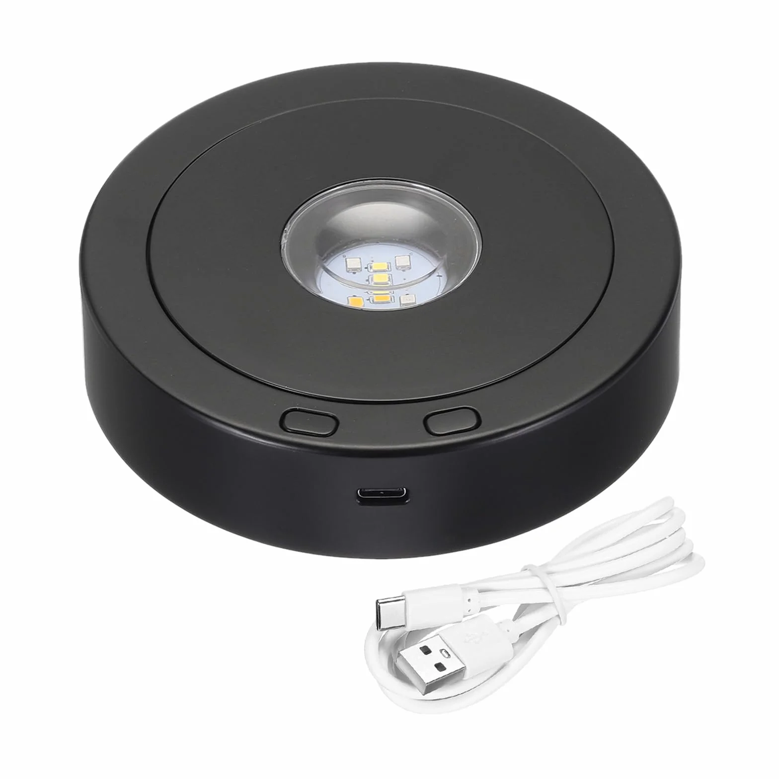 PATIKIL Obrotowy stojak ekspozycyjny 11,4 cm x 8,9 cm, podstawa świetlna LED, 360 stopni, cokoły z 4 obrotowymi i 8 trybami świecenia, do kryształów, szklanej biżuterii, czarny