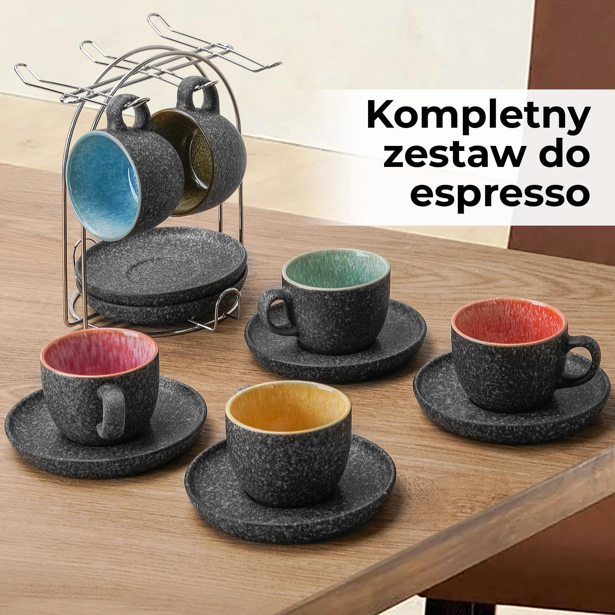 MIAMIO – 80 ml ceramiczne składane filiżanki do espresso z spodkami i metalowym stojakiem, zestaw 6 filiżanek do espresso, filiżanki demitasses, kubki do kawy na espresso, latte, café mocha i herbatę
