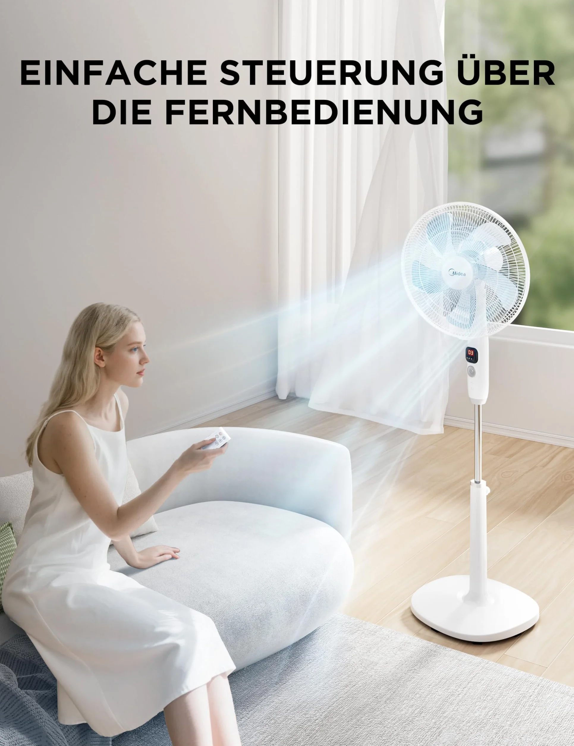Midea FS40-16CR DC wentylator stojący, cichy, z pilotem zdalnego sterowania, 12 prędkości, timer 12 h, 4 tryby, wskaźnik LED, energooszczędny, 27 dB, regulacja wysokości, cyrkulacja powietrza, biały