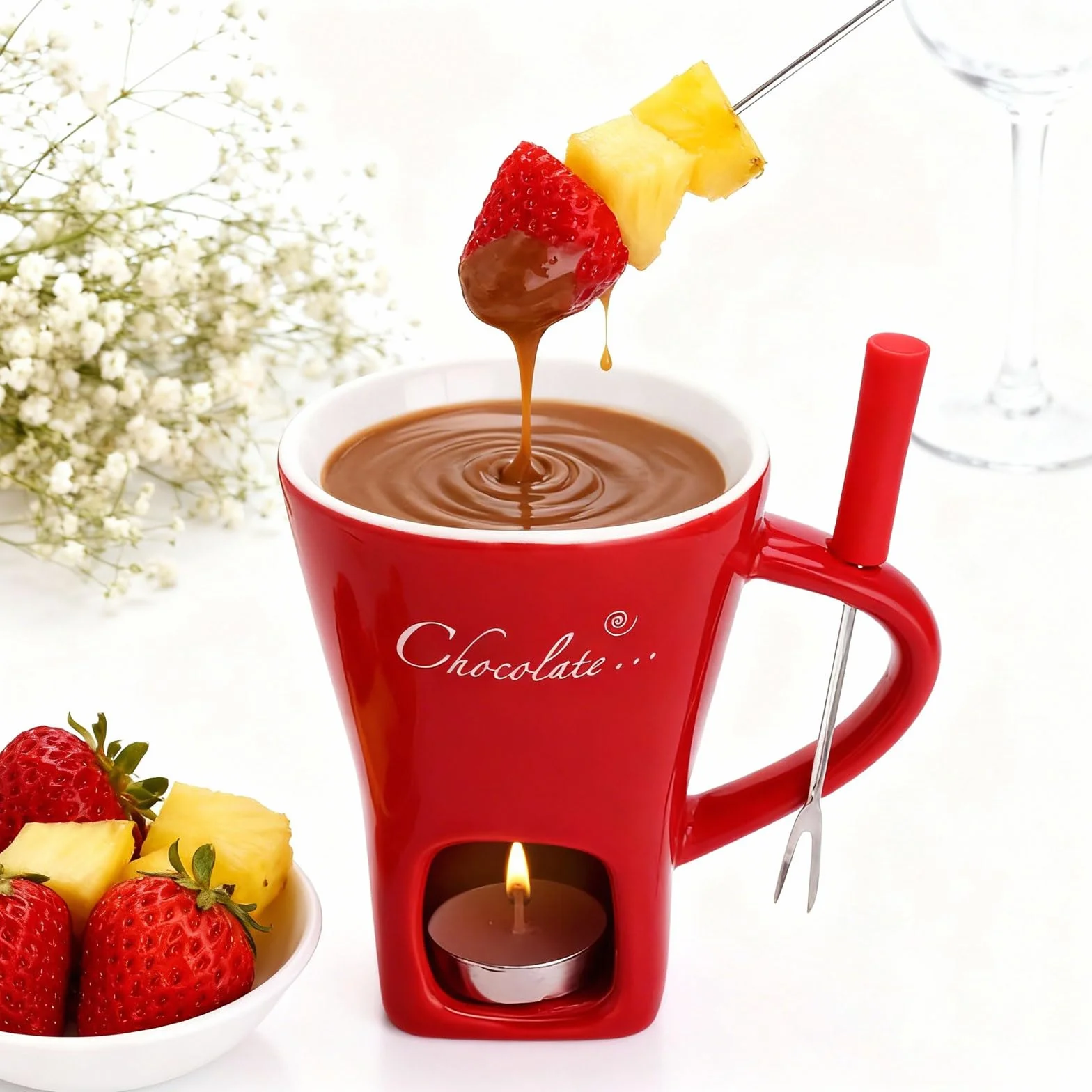 2 szt. czekoladowe fondue kubek ceramiczny 130 ml, czekoladowe fondue kubek z uchwytem na podgrzewacze, widelce, czekoladowe fondue, zestaw do fondue, czekolady, fondue, czekolady, fondue, zestaw do