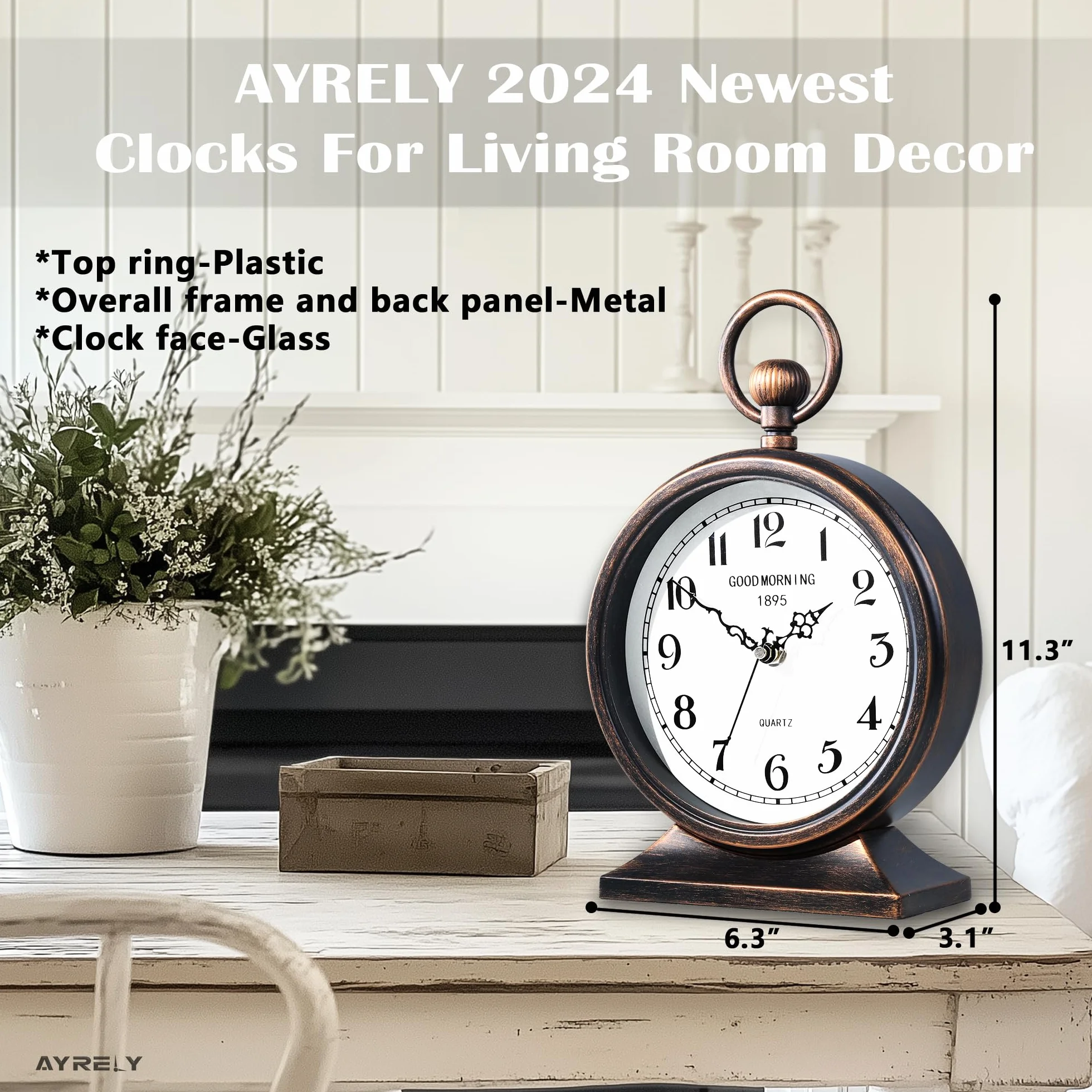 AYRELY® Zegar kominkowy vintage z uchwytem, antyczne metalowe zegary biurkowe na baterie, retro zegar stołowy do sypialni, salonu, półki, domu, kominka, wystrój 18 cm