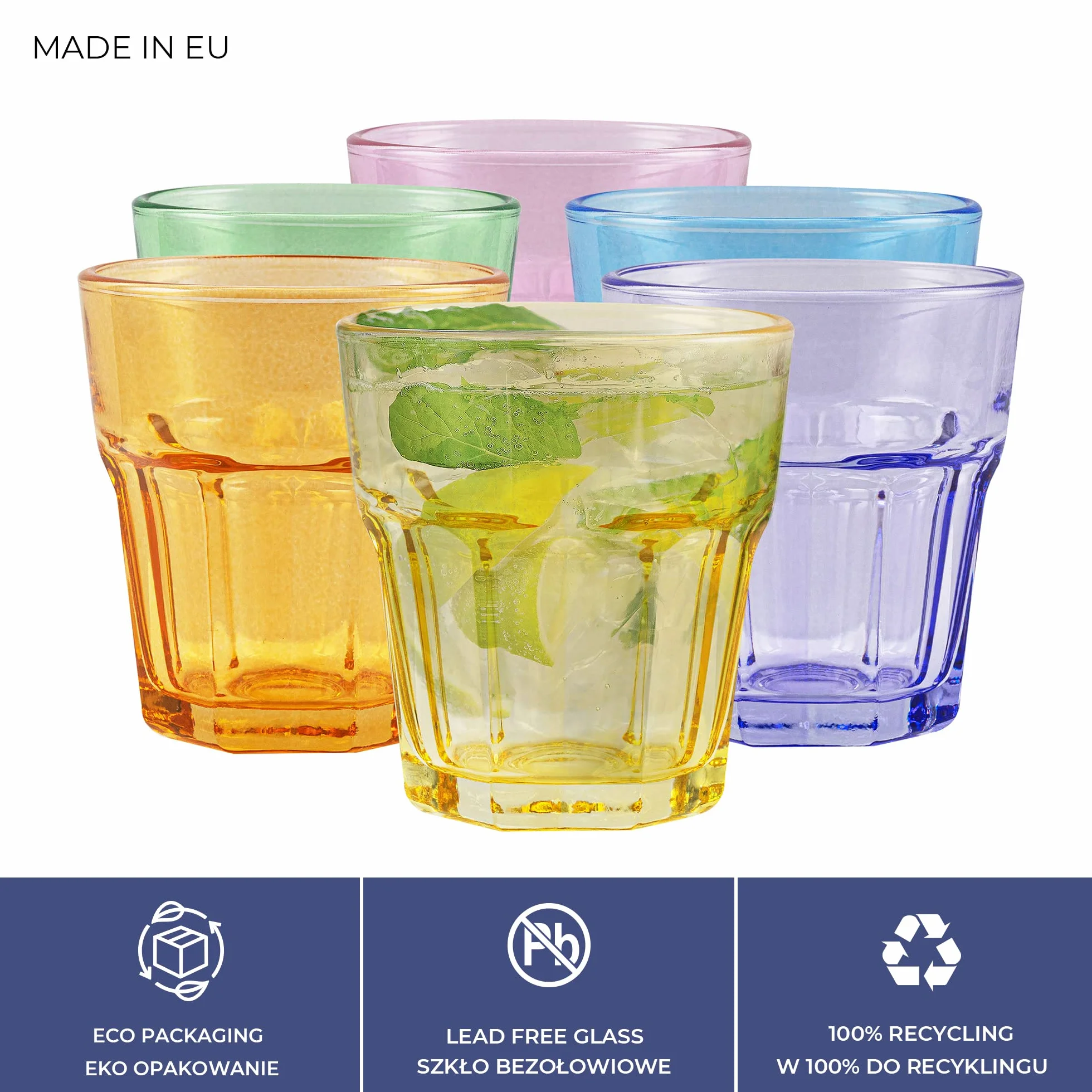 TREND FOR HOME Kolorowe Szklanki do Wody Soków Drinków Deserów 280 ml Zestaw 6 Szklanek do Napojów Komplet Tęczowych Szklanek, Gigi Rainbow Blast