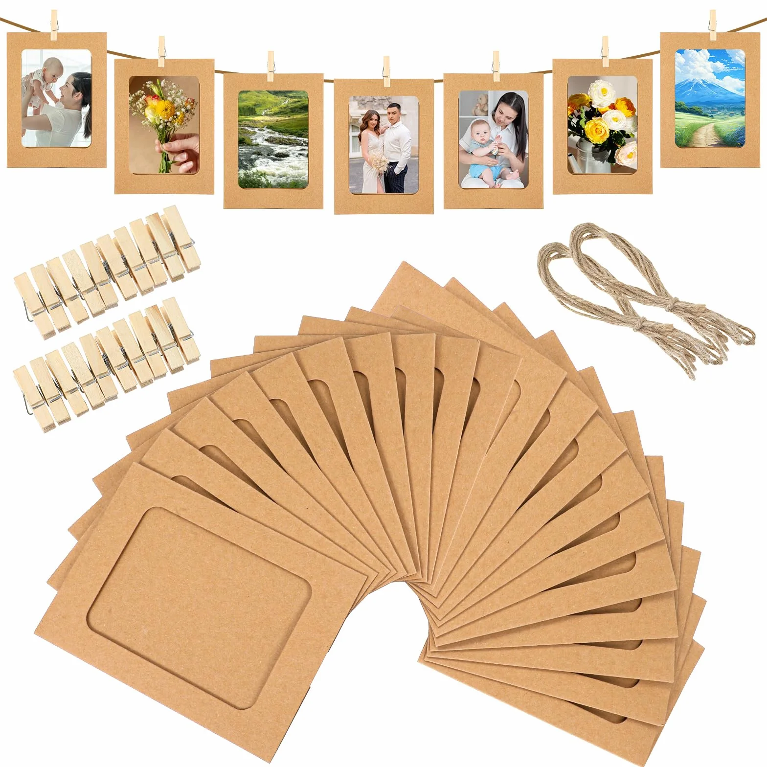 Ouligay 20 sztuk papierowych ramek na zdjęcia 10 x 15 cm, papierowe ramki na zdjęcia, do zawieszenia, z 20 drewnianymi klamerkami i 2 linkami konopnymi, girlanda na zdjęcia na urodziny, wesele