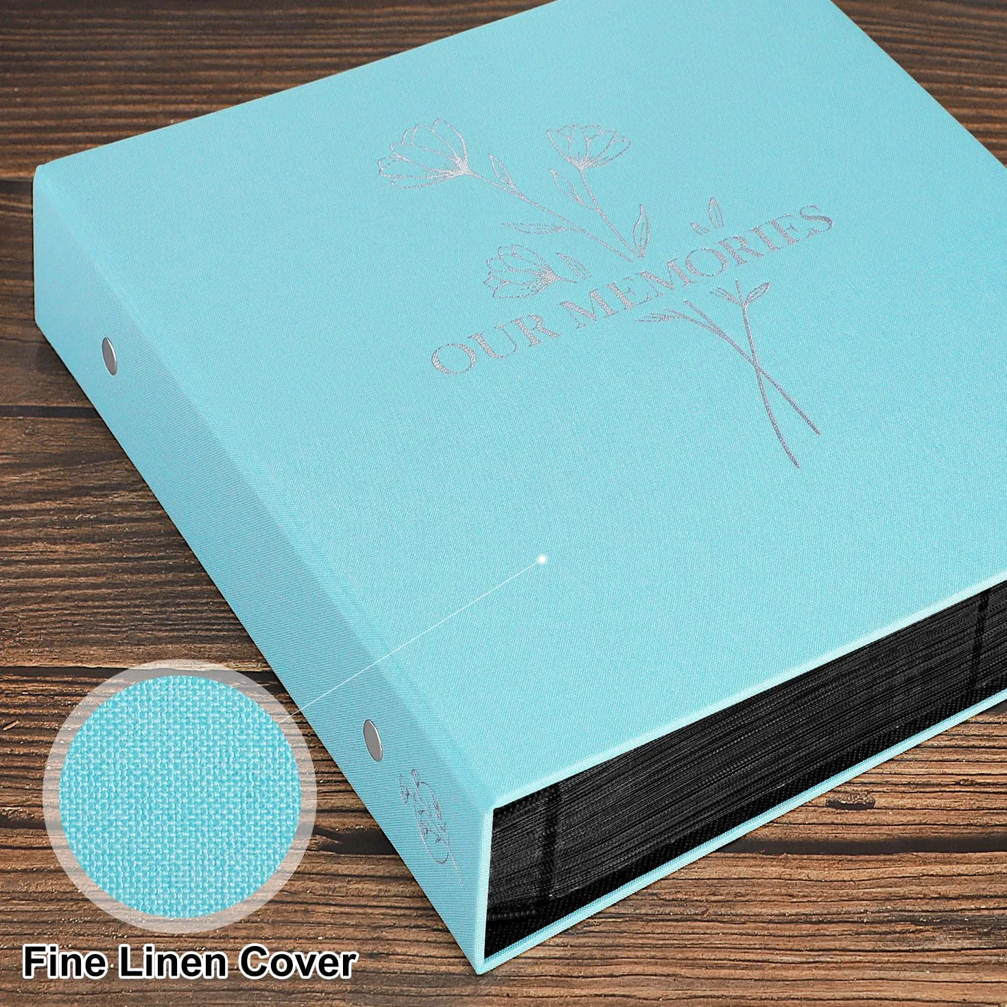 Lanpn Album na zdjęcia, lniany, „OUR MEMORIES”, rozmiar XL, 1000 kieszeni, pomieści zdjęcia poziome i portretowe w rozmiarze 10 x 15 cm, niebiesko-zielonkawy