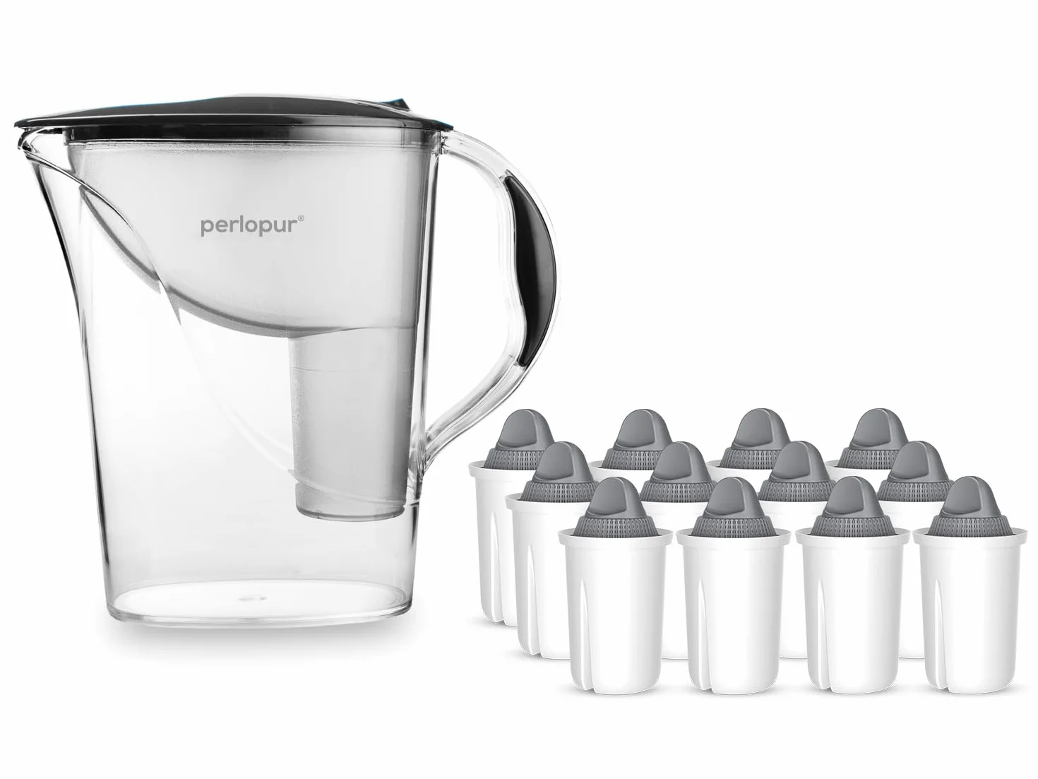 PearlCo - Standardowy filtr do wody (antracyt) z 12 wkładami filtrującymi Protect+ Classic (do twardej wody) – pasuje do Brita Classic