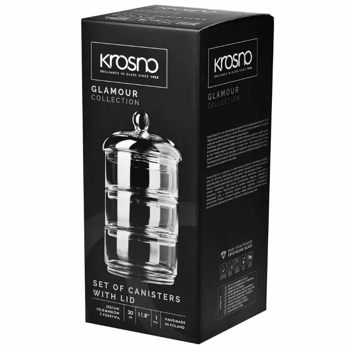 KROSNO Zestaw 3 Pojemników z Kloszem Kolekcja Glamour, Wysokość 30 cm | Szkło Kryształowe Bezołowiowe, ręcznie formowane, do słodyczy, ciastek, przekąsek, muffinek i wypieków, mycie ręczne