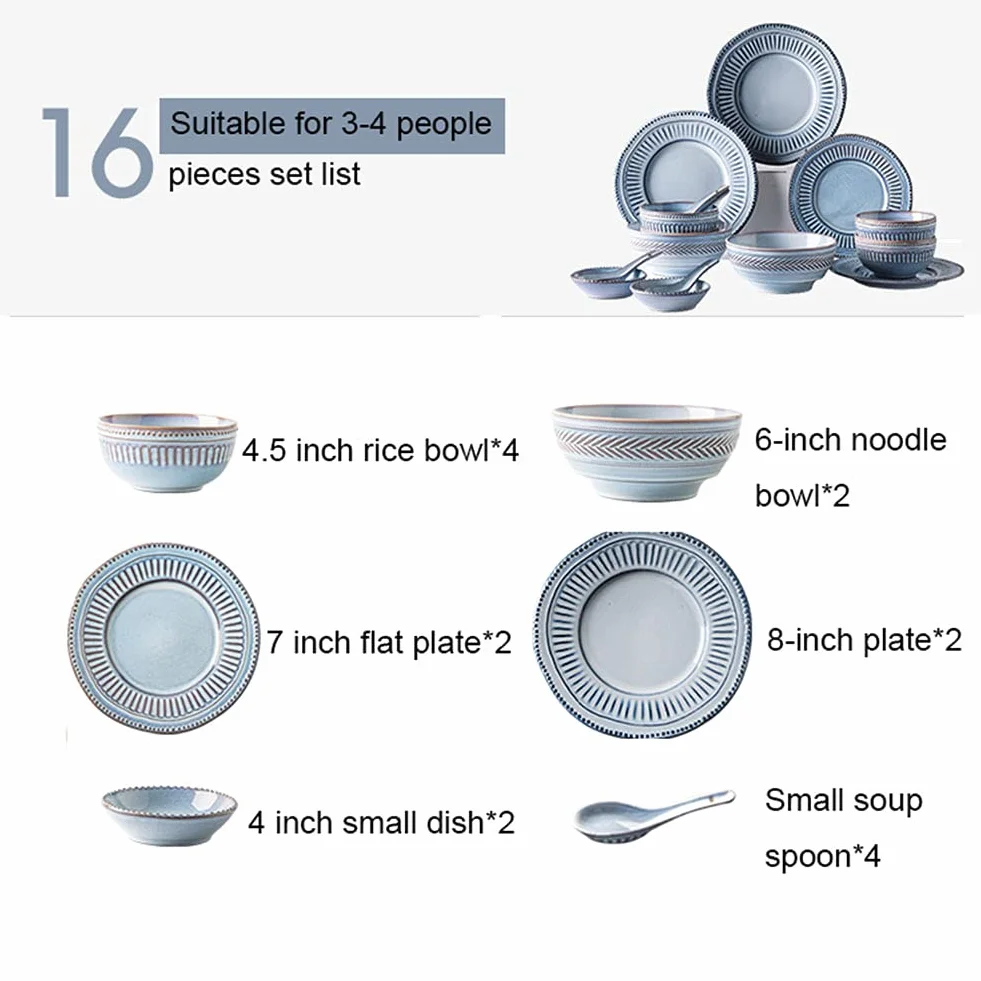 16-częściowy zestaw naczyń z kamionki, z aktywną glazurą z porcelany, serwis dla 6 osób, nadaje się do kuchenki mikrofalowej i mycia w zmywarce