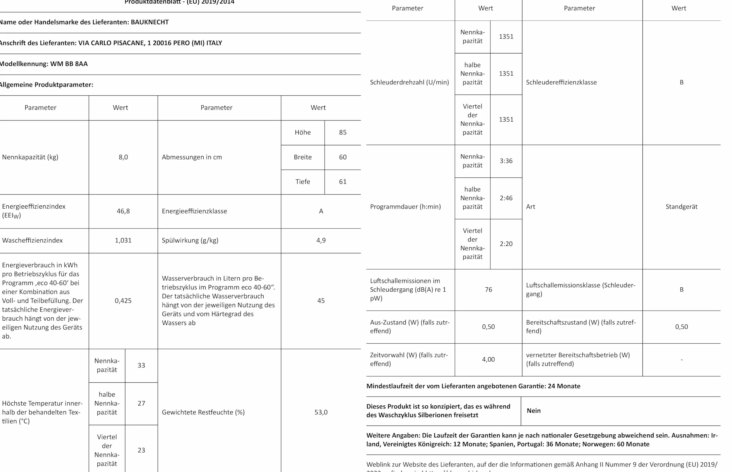Bauknecht WM BB 8AA pralka ładowana od przodu/8 kg/klasa efektywności energetycznej A/Active Care Color+/silne usuwanie plam/programy parowe/higiena Steam z antywirusem/funkcja odświeżania
