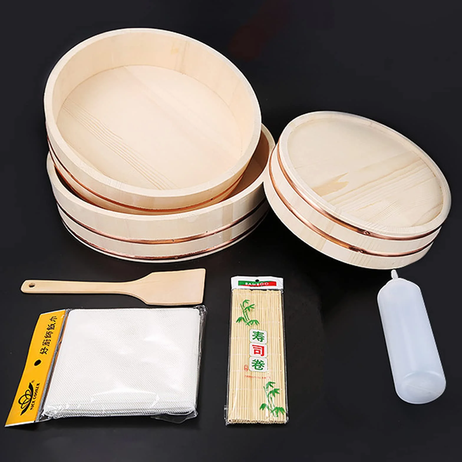AIZYR Ręcznie wykonana miska do mieszania ryżu Hangiri Sushi Oke - japońska drewniana wanna do mieszania ryżu z łopatką do robienia sushi i mieszania ryżu sushi, 39 cm / 15,3 cala