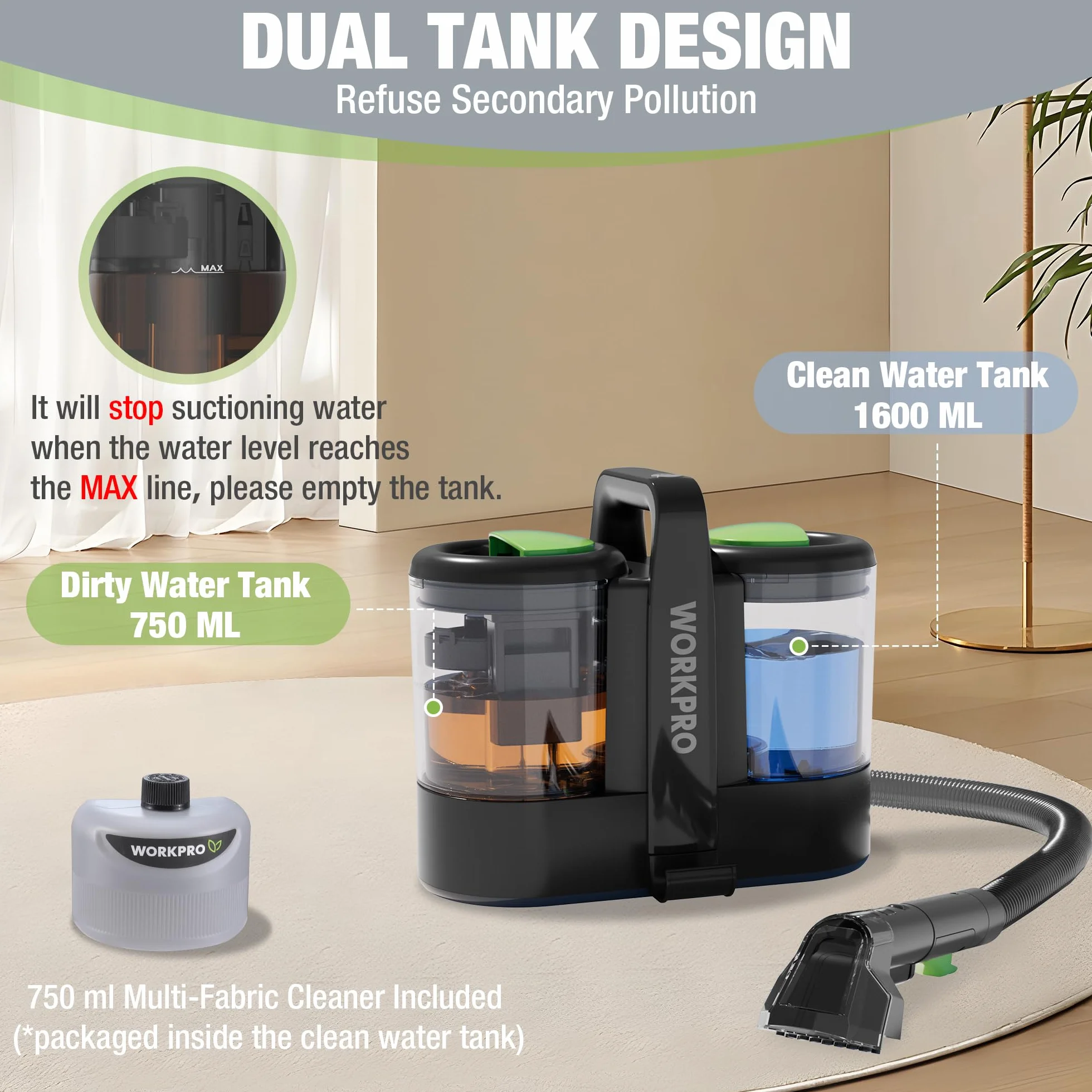WORKPRO Odkurzacz 450 W 13 kPa 1,6 l z 2 głowicami szczotki do dywanów