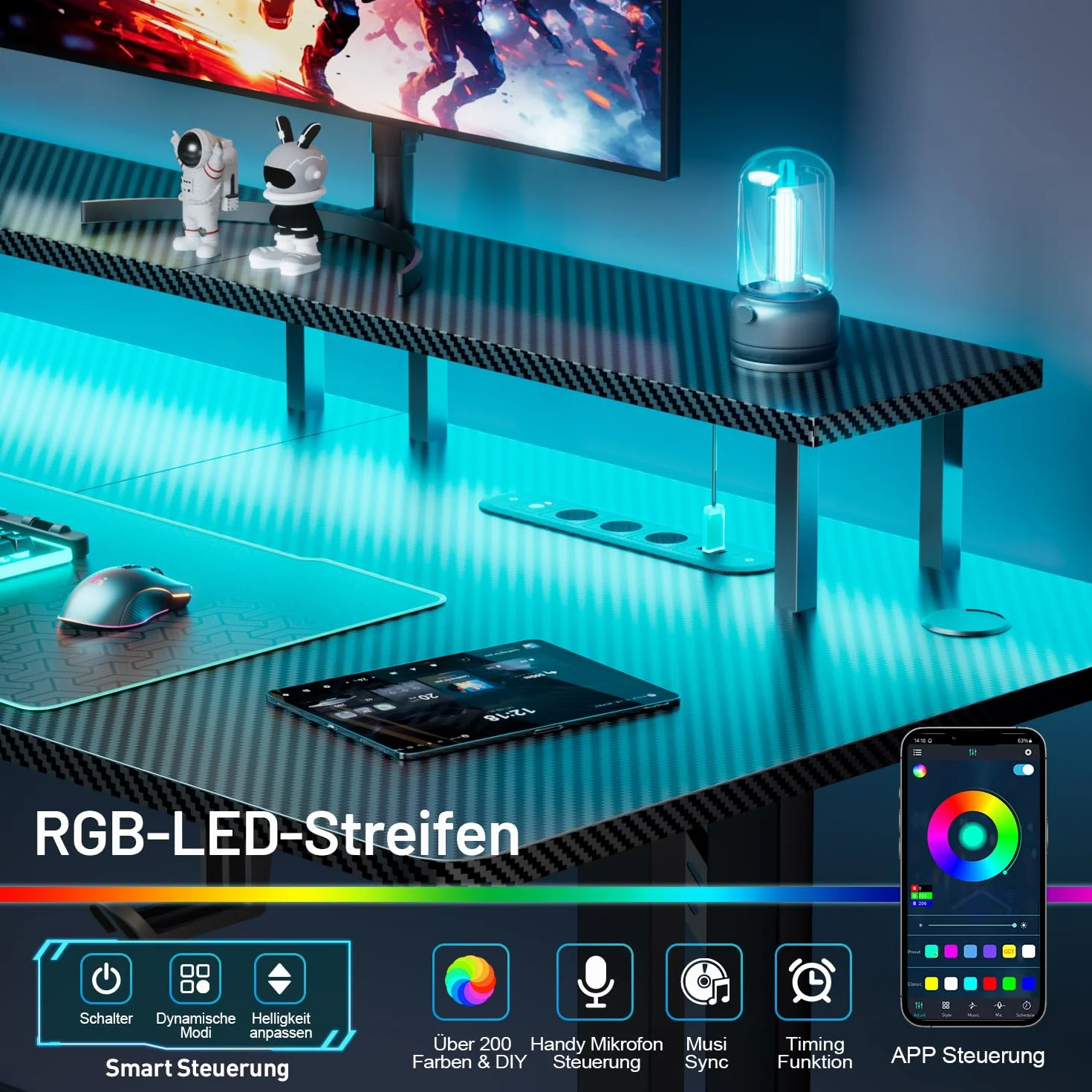 HLONONE Stół do gier LED 120 x 60 cm, Biurko gamingowe z 3 gniazdkami i 2 portami USB, stół dla graczy PC z uchwytem na monitor, stabilny stół komputerowy do gier i do biura, czarny