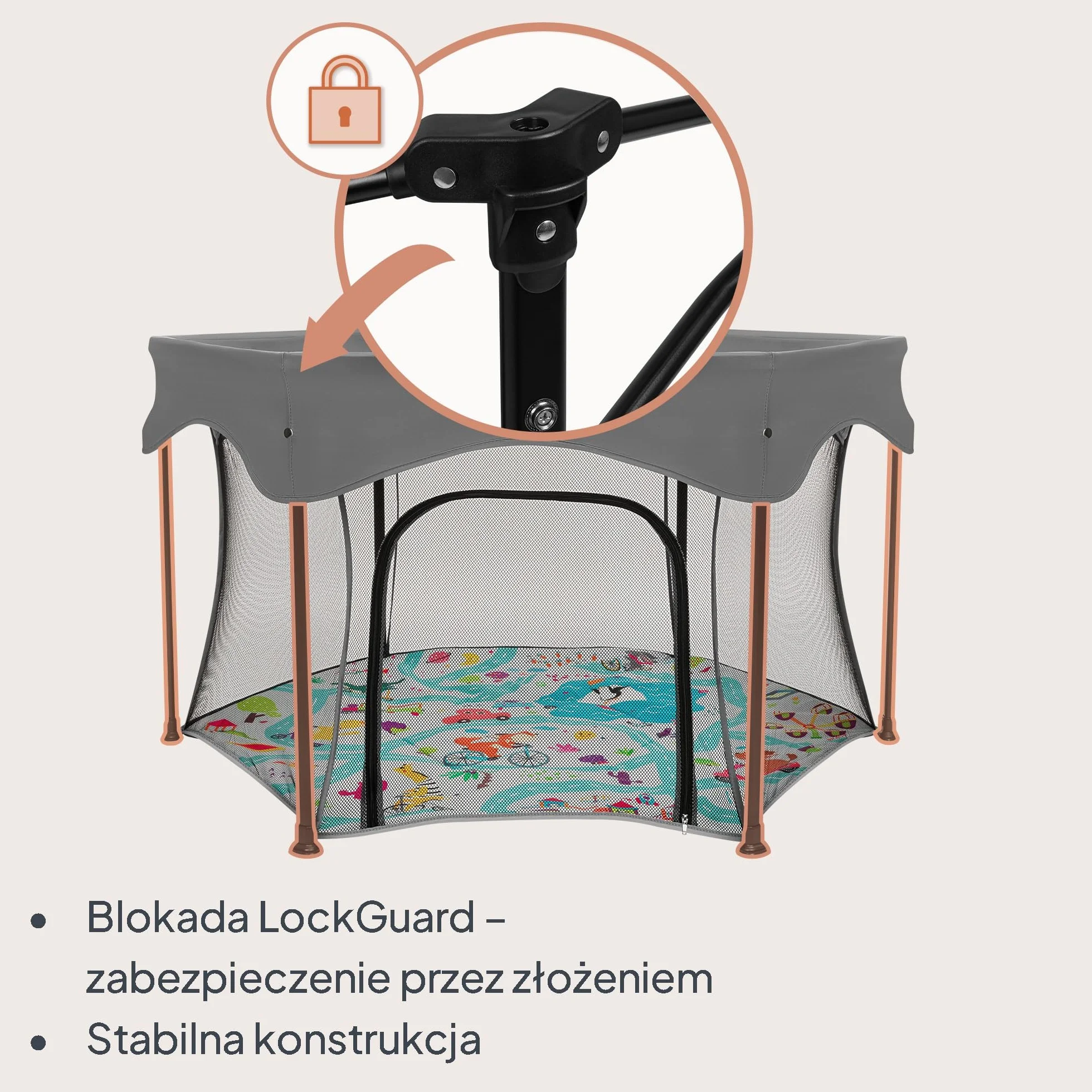 Lionelo Roel Plus Duży Kojec Dziecięcy z Siatką, Składany i Przenośny, Wejście Boczne na Zamek, Blokada LockGuard, Zaokrąglone Krawędzie, Miękkie Dno, Torba, Średnica 134 cm, 6–36 mies., do 15 kg