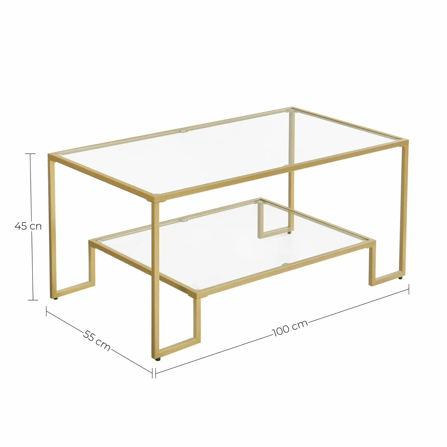 VASAGLE LGT033A01 Stolik kawowy, szklany, 2 półki ze szkła hartowanego, stalowy stelaż, dekoracja, do salonu, kolor złoty, 100 x 55 x 45 cm
