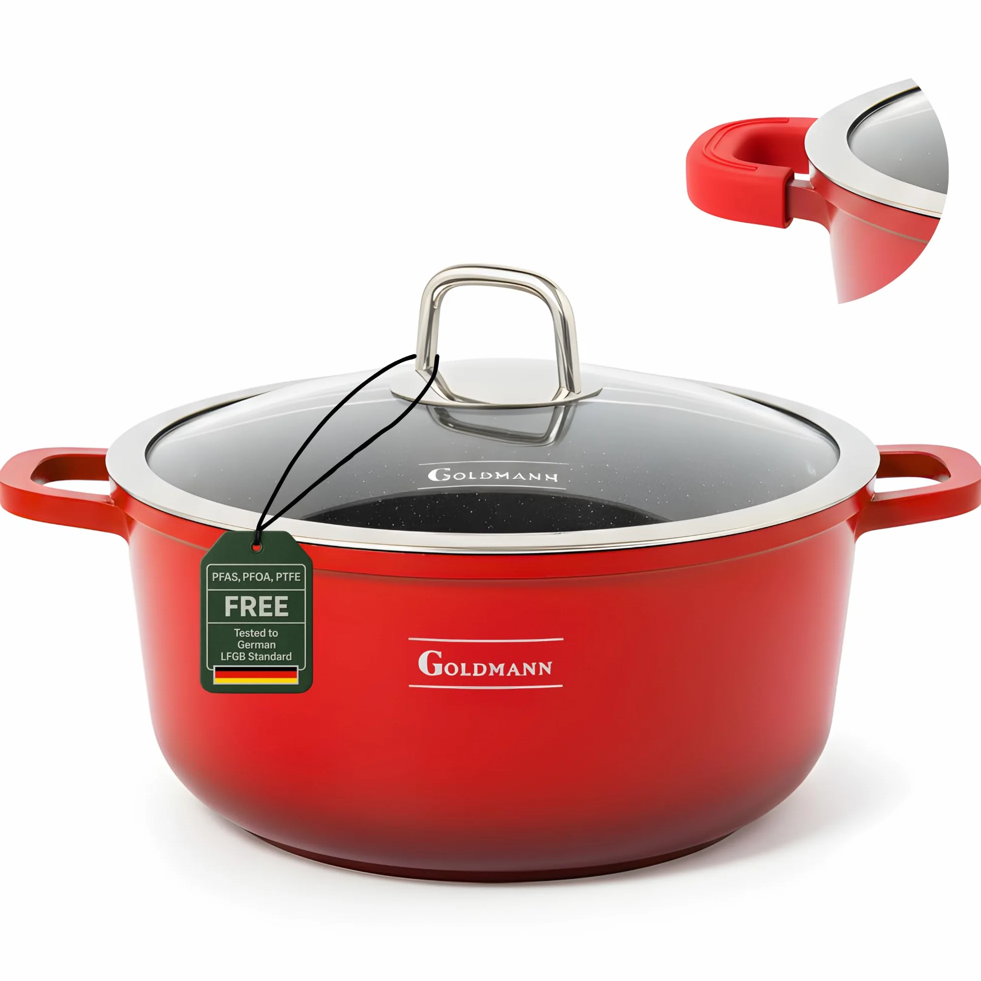 Goldmann Garnek do Gotowania z Odlewanego Aluminium, Ceramiczna Marmurkowa Powłoka Nieprzywierająca, Pokrywka Szklana, Indukcja, Bez PFOA (Czerwony, 24 CM)
