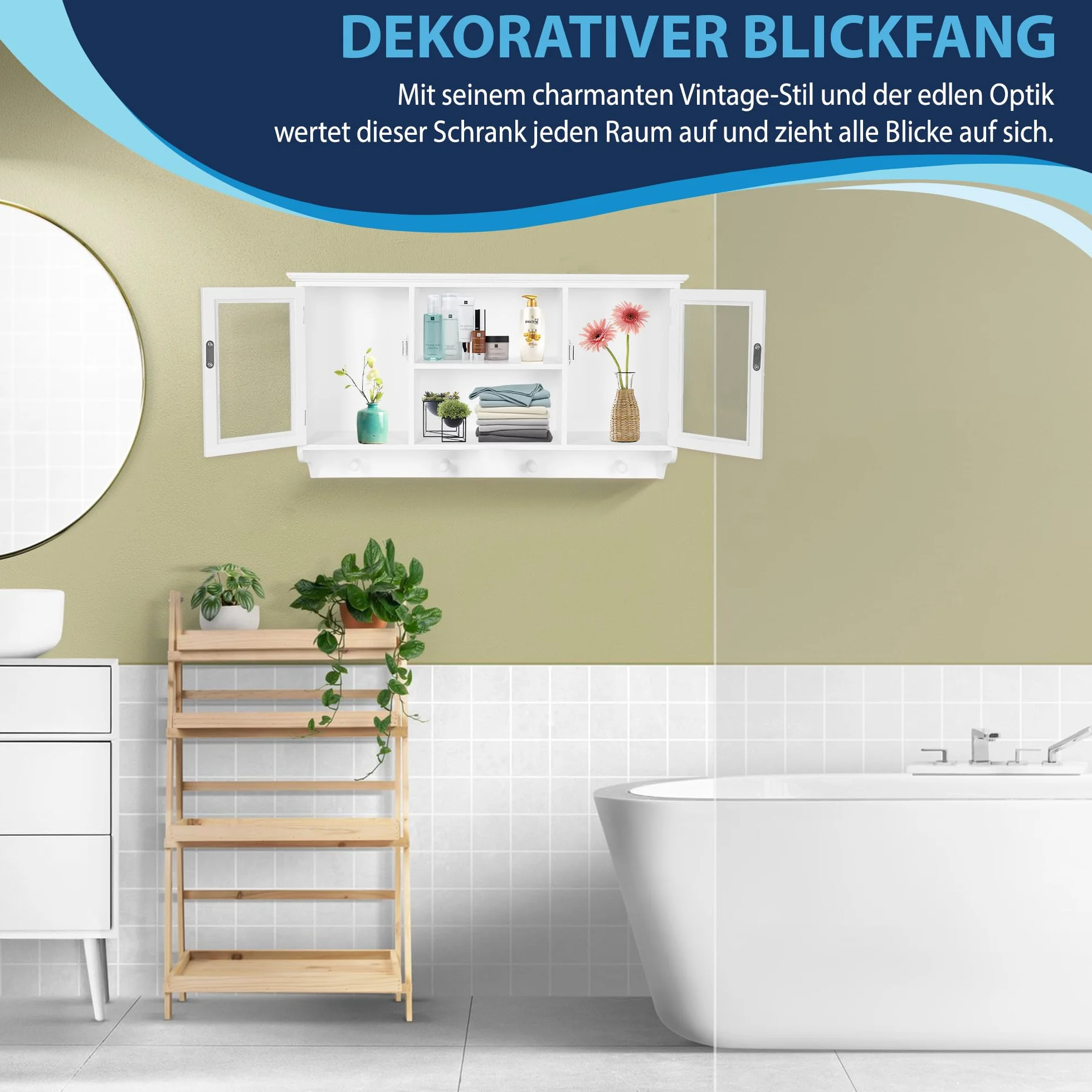 DRULINE Mała szafka wisząca, szafka ścienna, witryna, szafka kuchenna, szafka łazienkowa, białe drewno, akryl, (szer. x wys. x głęb.) ok. 60 x 34 x 15 cm