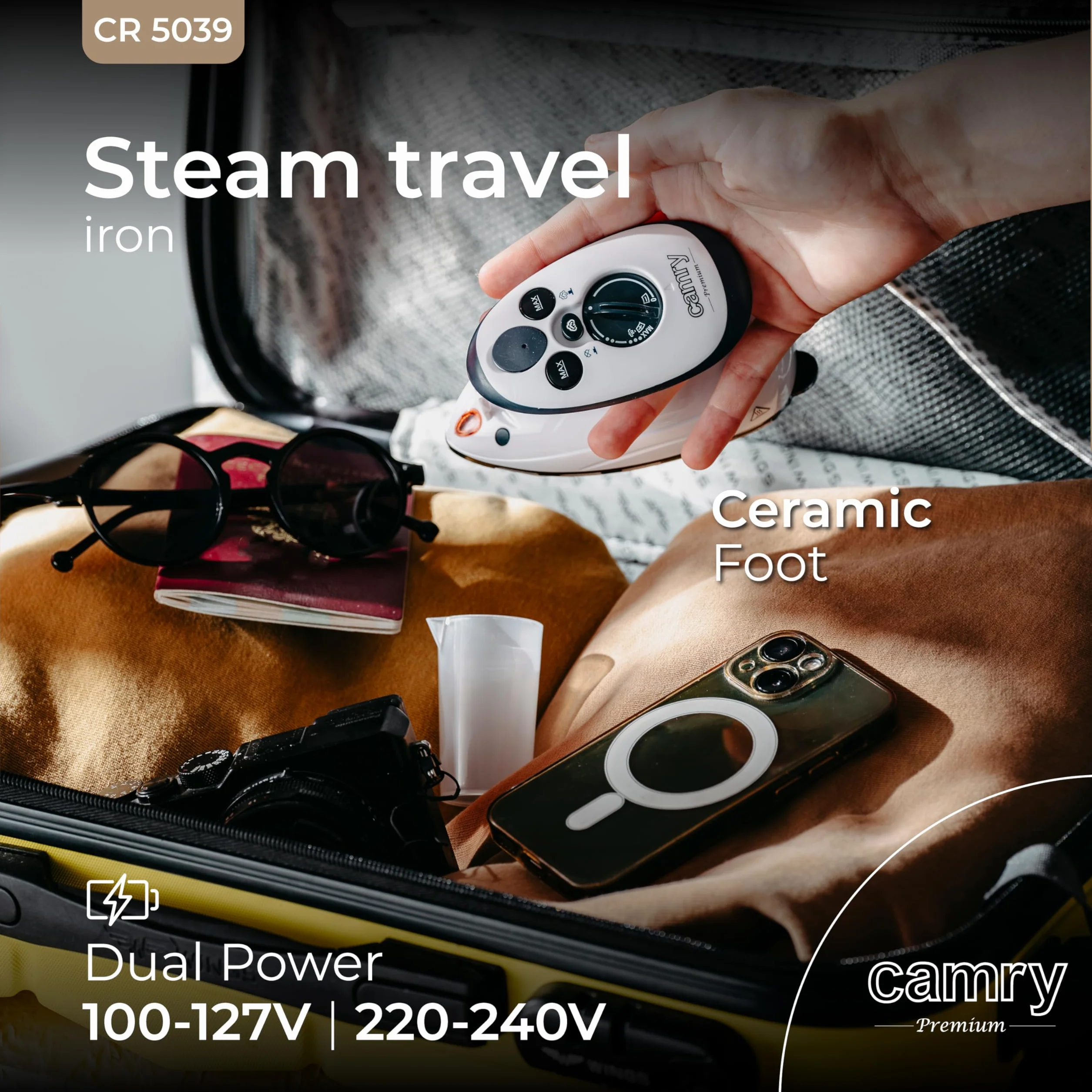 CAMRY CR5039 – żelazko podróżne, żelazko turystyczne mini z podwójnym zasilaniem (220 lub 110V), ceramiczna stopa, ergonomiczny uchwyt, bezstopniowa regulacja temperatury, moc 420 W, biało/niebieskie