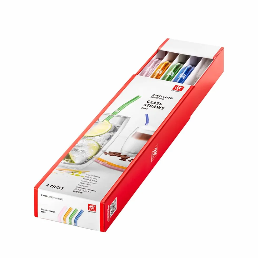 ZWILLING Sorrento szklane słomki, zrównoważone i wielokrotnego użytku, szkło borokrzemowe, do zimnych i gorących napojów, 4 sztuki, długość: 23 cm, zakrzywiony kształt, kolor: wielokolorowy, w