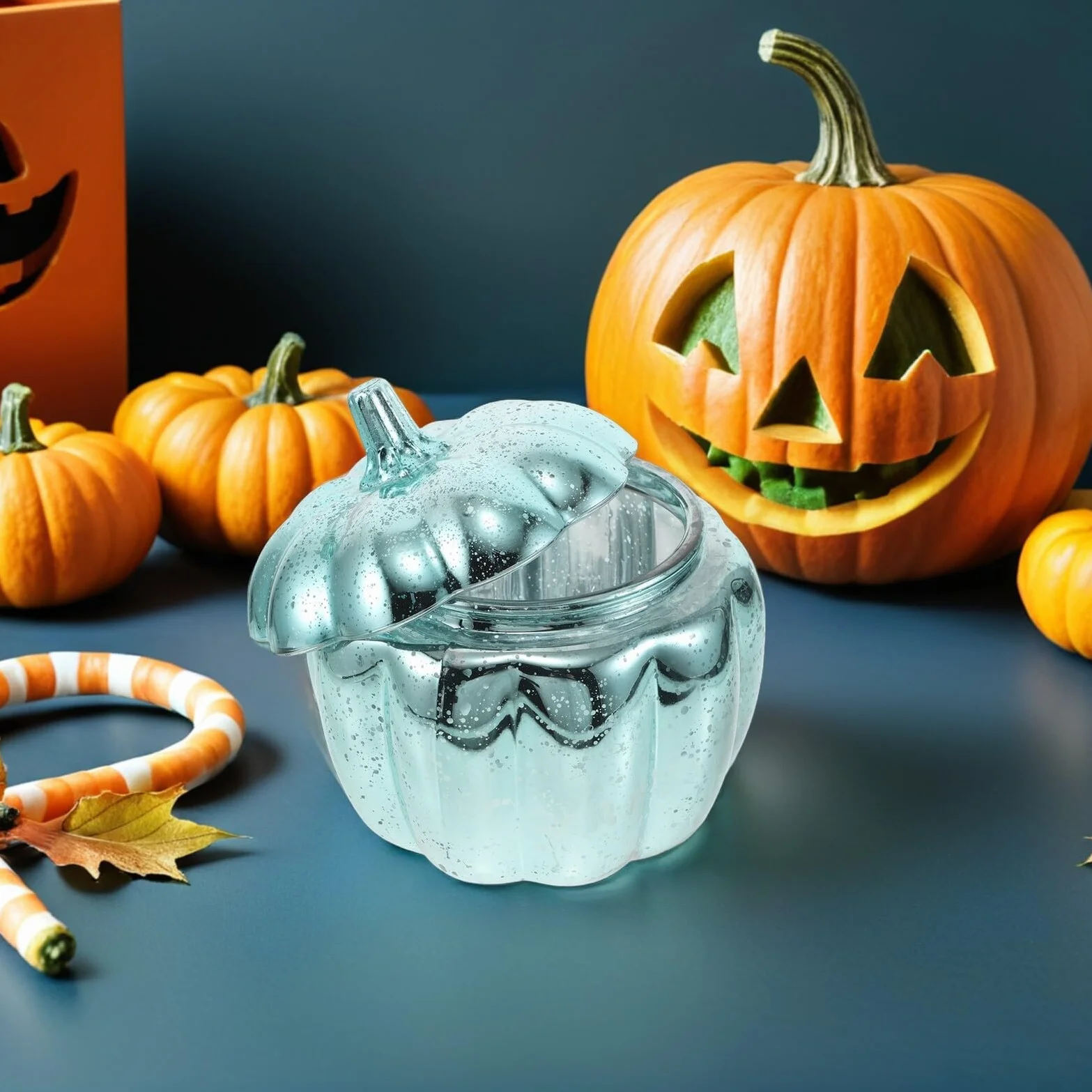 Szklany Słoik Do Przechowywania Słodyczy Kształcie Dyni z Pokrywką Dekoracyjny Pojemnik Cukierki Jesienne Przyjęcia Idealny Halloween i Święto Dziękczynienia Do Organizacji Kuchni