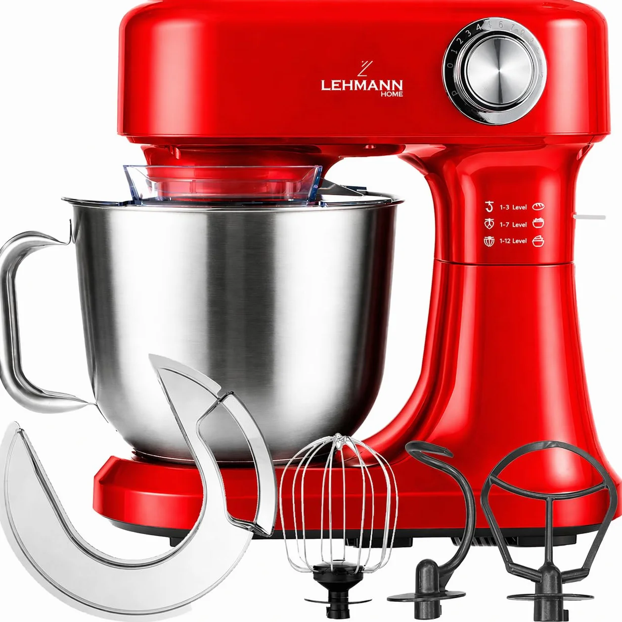 LEHMANN Robot kuchenny z zestawem akcesoriów, 1500 W, mieszadło z 12 prędkościami, miska do mieszania 5 l, zabezpieczenie przed przegrzaniem, antypoślizgowy, ugniatarka z 3 wkładami do mieszania i