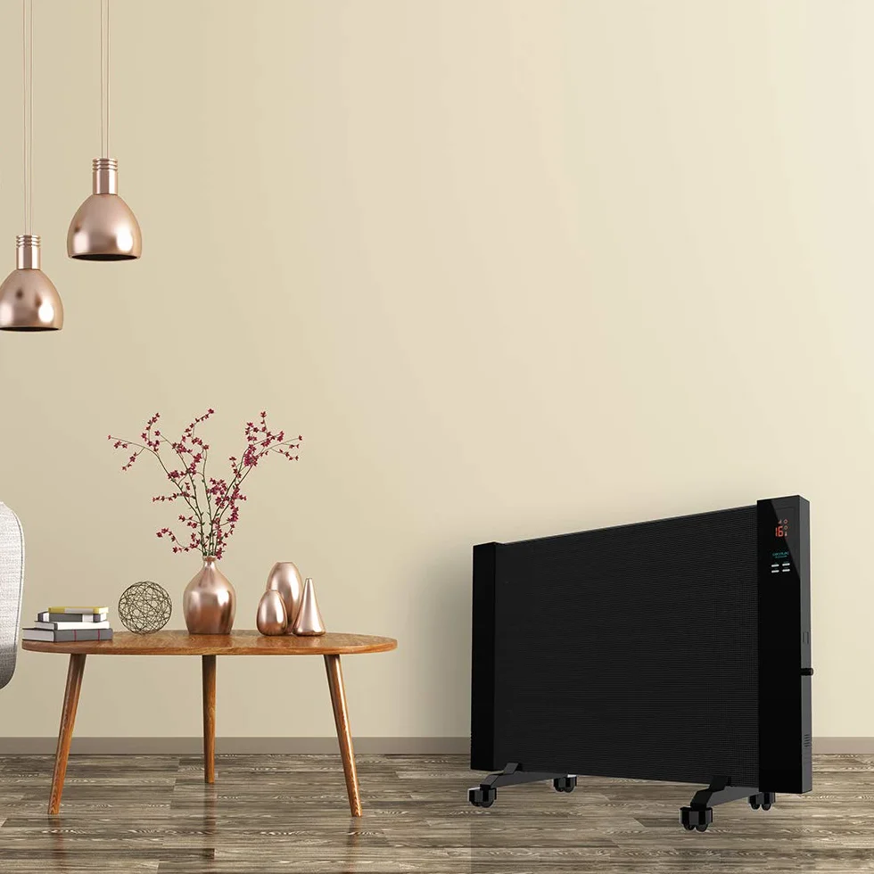 Cecotec Ready Ciepła 3100 Smart Now. Mocny panel promieniujący 2000W. Wyświetlacz LCD, programowalny, 3 tryby, zabezpieczający przed przegrzaniem, przechylaniem, WarmSpace, AutoOff, na kółkach, czarny
