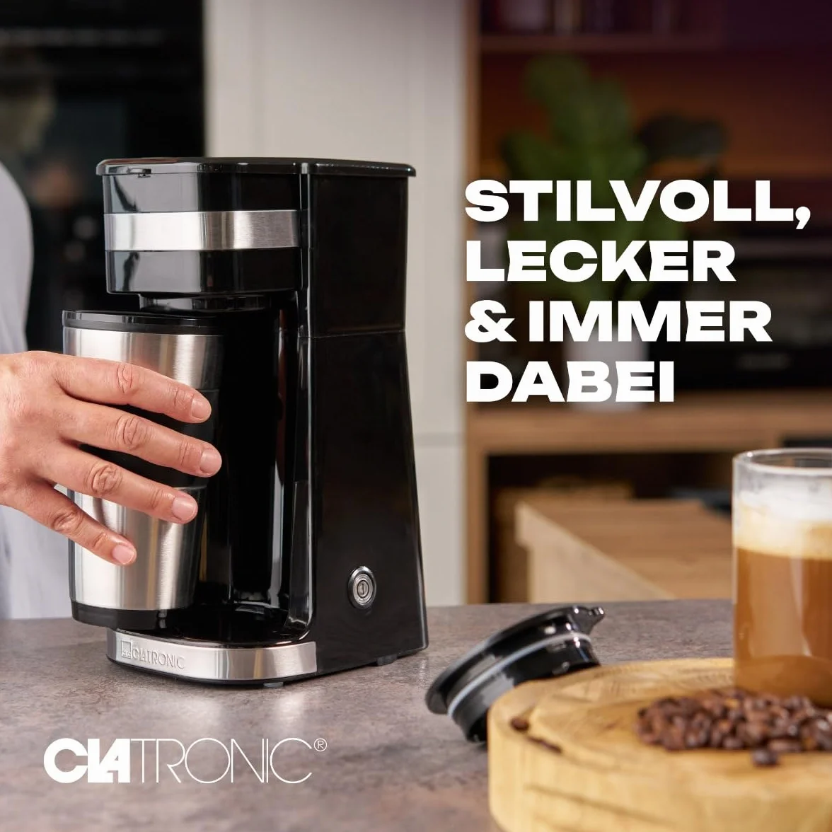 Clatronic KA 3733 ekspres do kawy z kubkiem ze stali nierdzewnej 0,4 l, 2 GB, idealny do samochodu, biura i w podróży, czarny