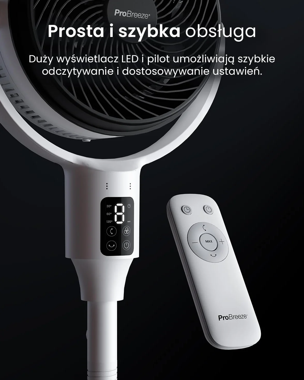 Wentylator kolumnowy Pro Breeze 109 cm – 29 dB Supercichy – Wyświetlacz LED, Pilot, 2 Tryby Chłodzenia, Ruch Pionowy i Poziomy – Energooszczędny – Dom i Biuro