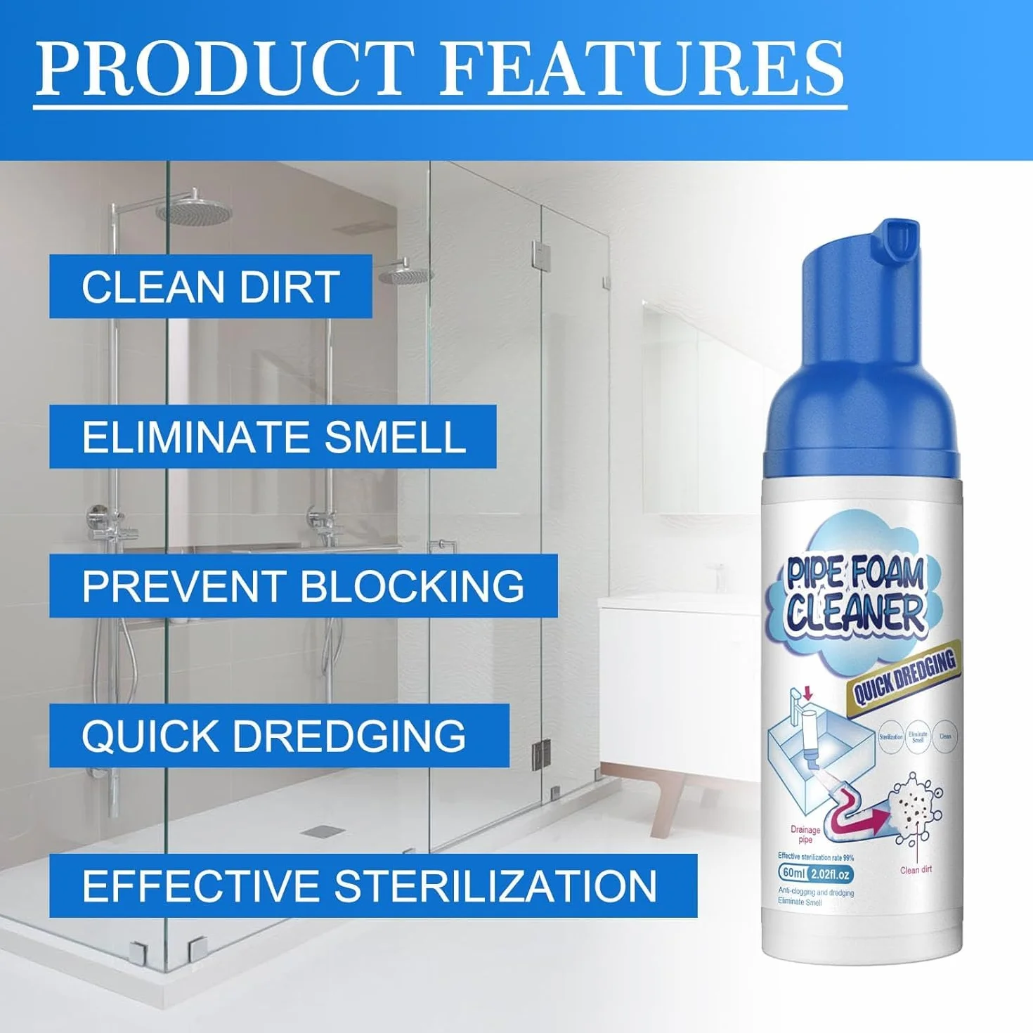 2Pcs Yugou Drain Cleaner,Foam Drain Cleaner For Bathroom Sink,Powerful Sink And Drain Cleaner Foam,Clog Remover For Kitchen Drain,Sinks,Tubs