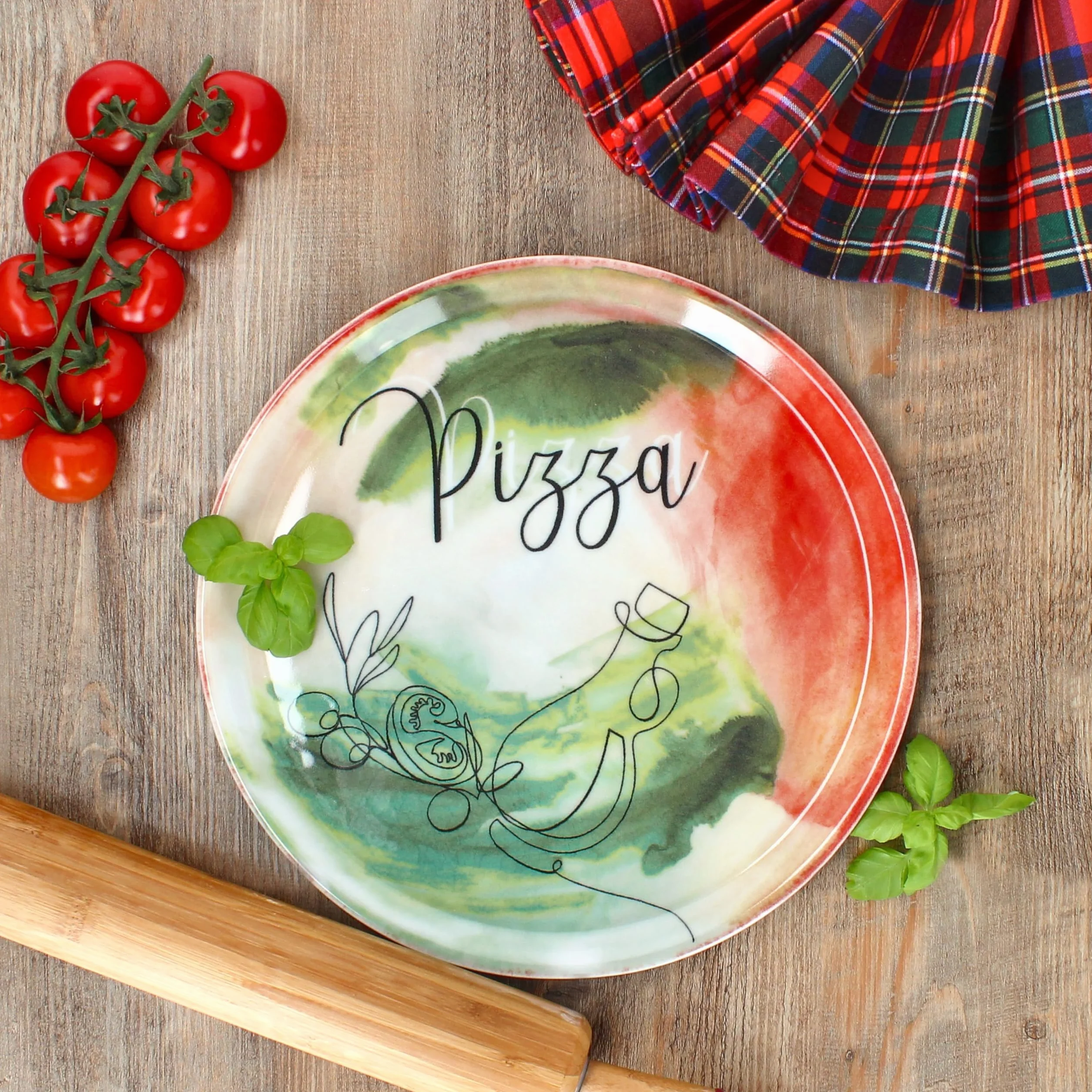 MamboCat Zestaw 4 talerzy do pizzy z warzywami i olejami, Ø 31 cm, dla 4 osób, duże talerze do pizzy z porcelany z dekoracją i napisem, do pizzy lub do przyrządzania I talerz obiadowy XL, półmisek do