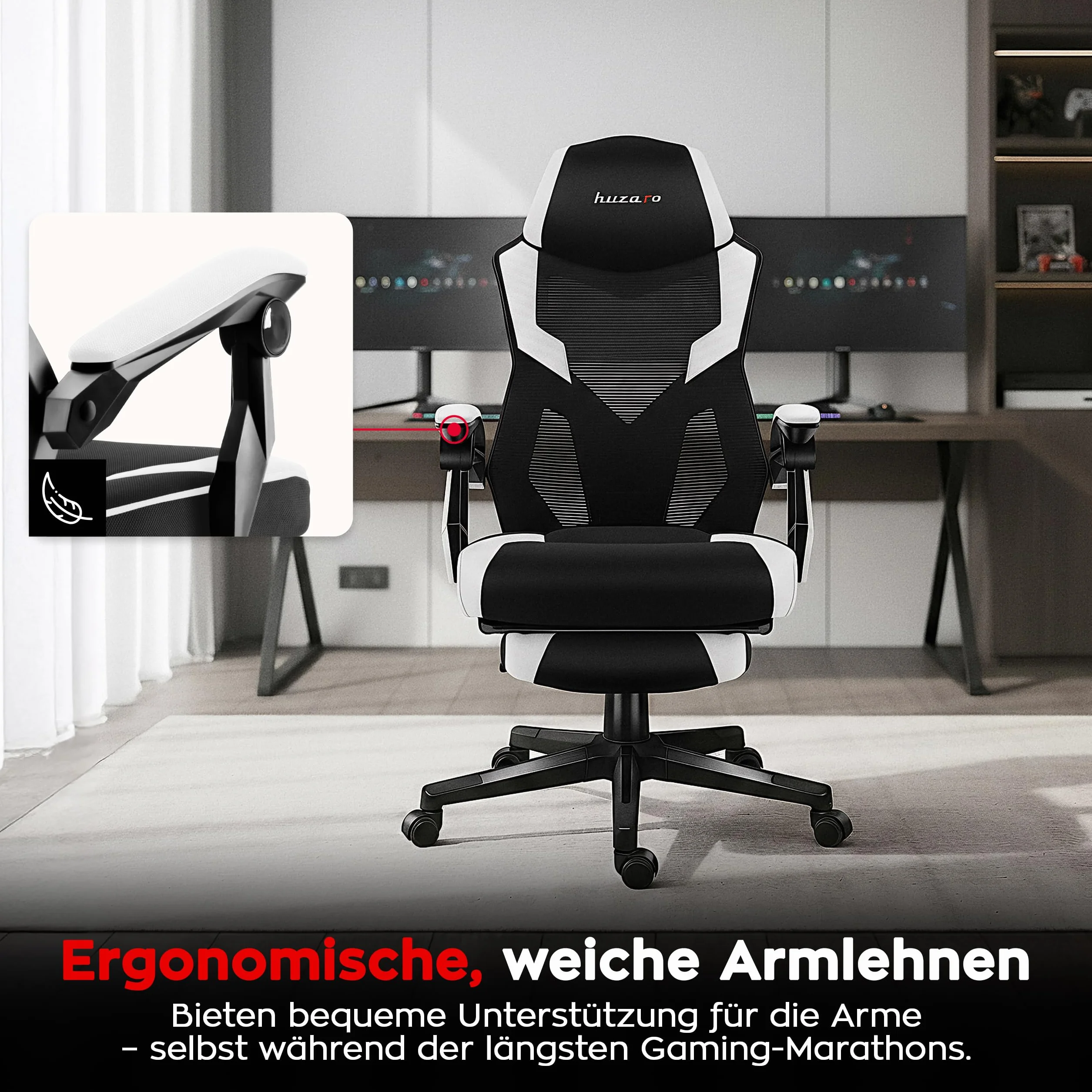 huzaro Combat 3.1 krzesło biurowe dla graczy, ergonomiczne krzesło z podnóżkiem, regulowane oparcie 135°, oddychająca siatka, obciążenie do 150 kg, ciche kółka, kolor biały