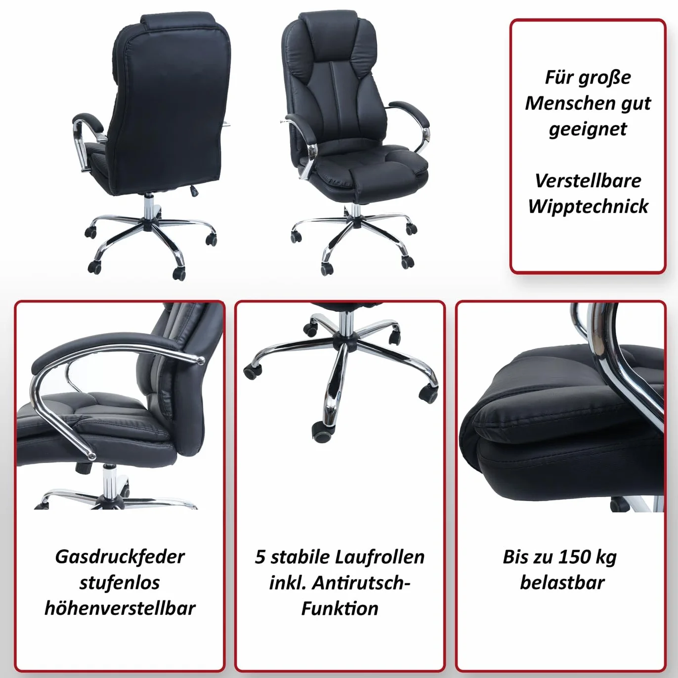 Mendler Profesjonalne krzesło biurowe Kansas XXL, fotel szefa, obrotowy, wersja amerykańska, obciążenie 150 kg, sztuczna skóra, kolor czarny