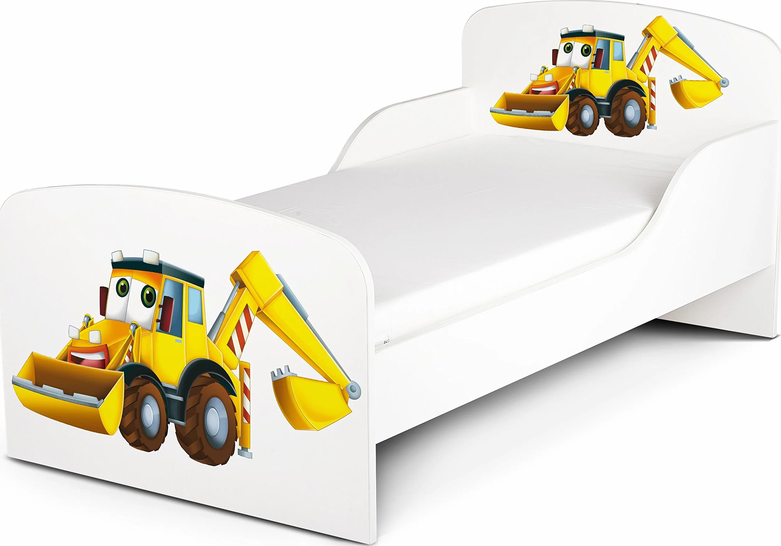 Leomark Łóżko dziecięce z drewna z materacem 70 x 140 cm Kompletny zestaw do pokoju dziecięcego: łóżeczko drewniane stelaż i materac nadruk UV: ŻÓŁTA KOPARKA