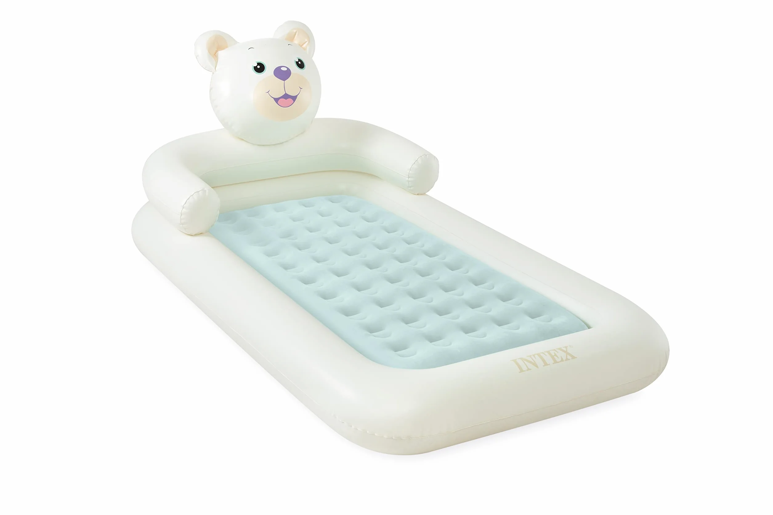 Intex 66814EP Bear Kidz nadmuchiwany zestaw łóżek podróżnych: zawiera pompkę ręczną i torbę transportową - zdejmowany materac - szybkie nadmuchiwanie - do użytku wewnątrz - 71 x 132 x 10 cm