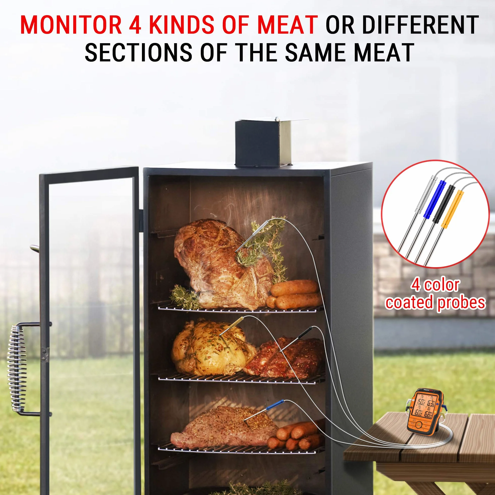 ThermoPro TP27C radiowy termometr do grilla z 4 sondami, 150 m, termometr do mięsa i smażenia, wodoszczelny IPX4, duży kuchenny z wyświetlaczem LCD do BBQ i grilla gazowego