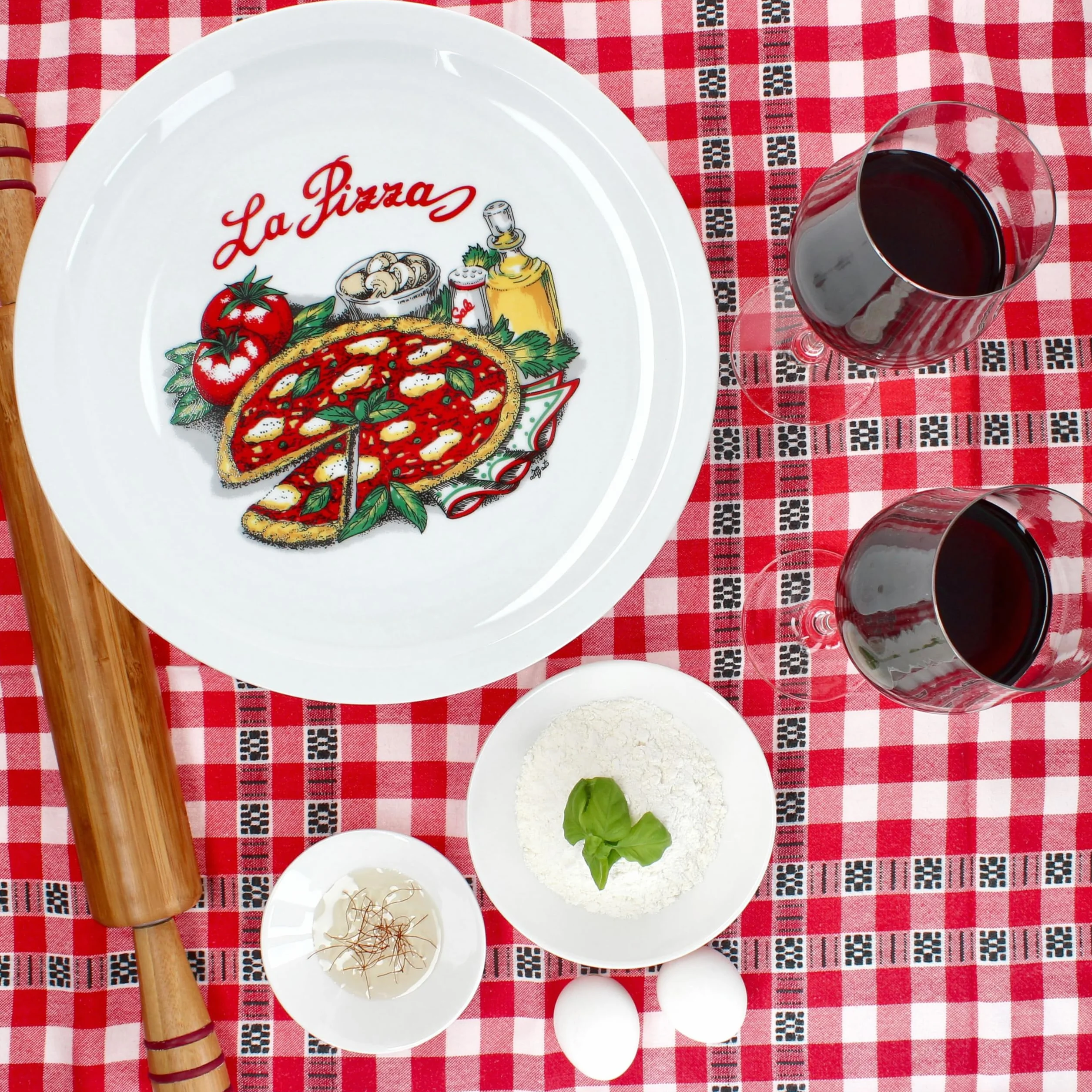 MamboCat La Pizza 6-częściowy zestaw talerz do pizzy, Ø 30,5 cm, dla 6 osób, duże talerze do pizzy z porcelany z dekoracją i napisem, na pizzę lub do przyrządzania, półmisek do obiadu