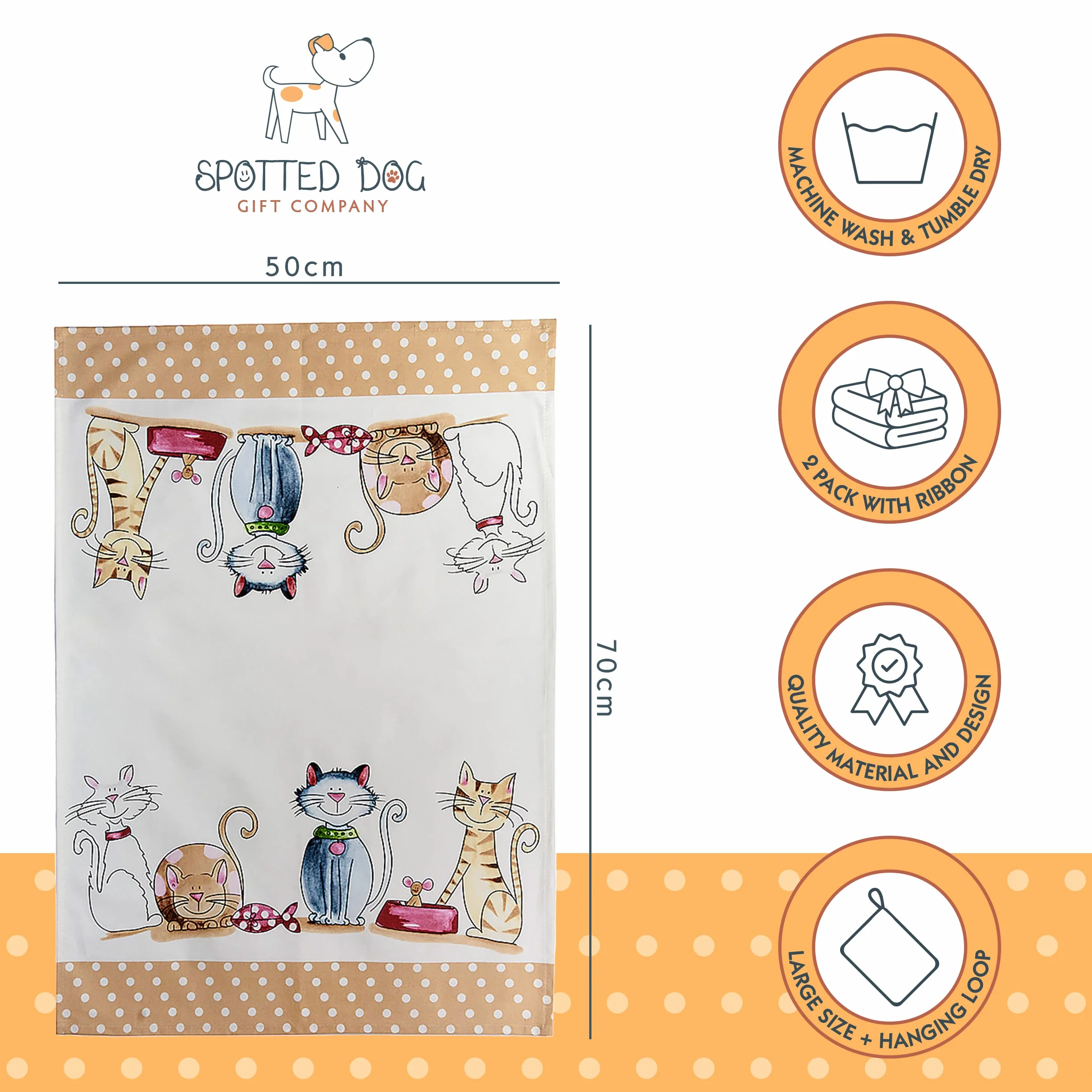 SPOTTED DOG GIFT COMPANY Zestaw 2 ręczników kuchennych z uroczym kotem z nadrukiem, 100% chłonna jakość bawełny, pomysł na prezent dla miłośników kotów 50 x 70 cm