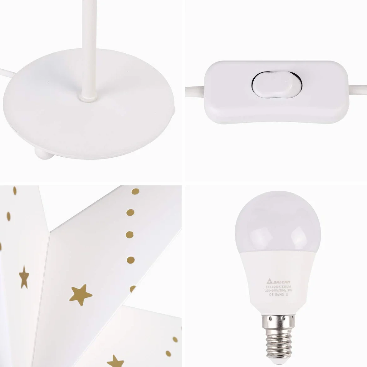 SALCAR Gwiazda bożonarodzeniowa i adwentowa LED, podświetlana na okno, 35 cm, papierowa, z żarówką E14, świecąca gwiazda 3D, stojąca, z podstawą z żelaza, biała