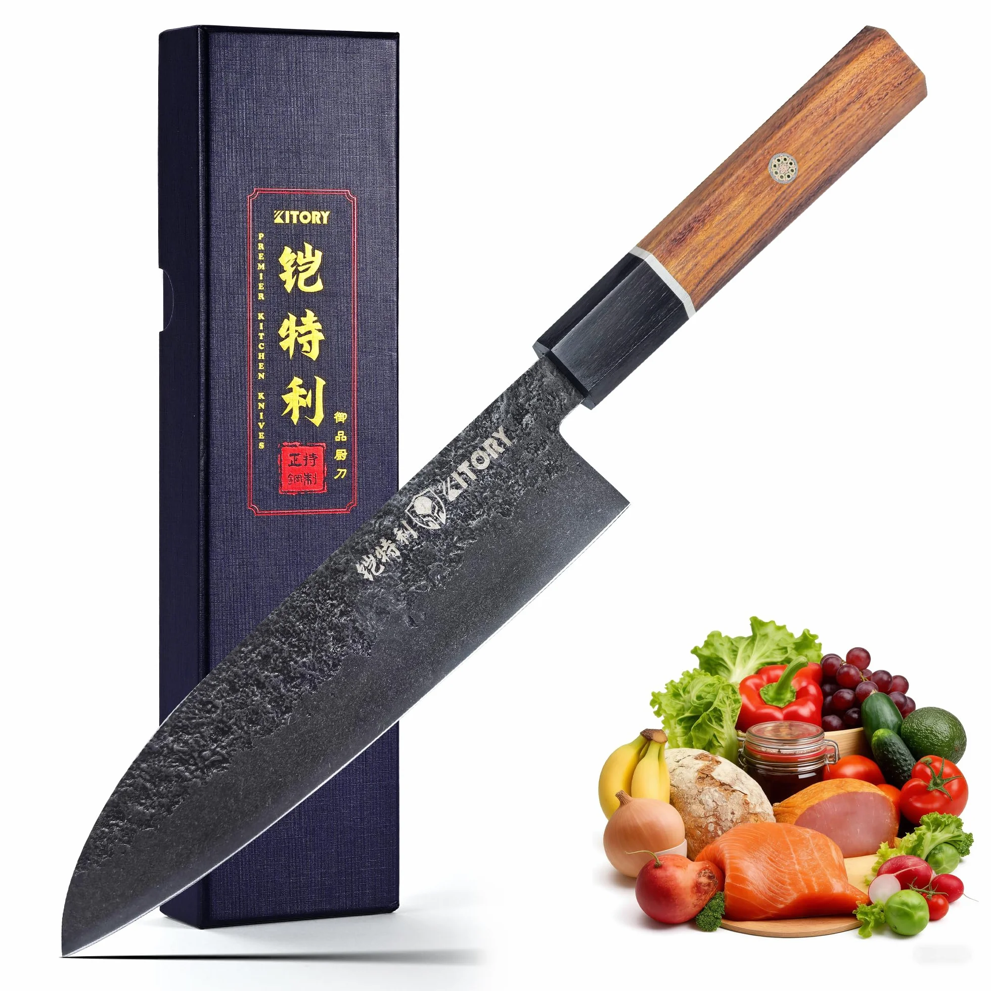 Kitory Nóż Santoku japoński Kitory 17 cm, stal 4Cr13MoV | Ultraostry profesjonalny, Rączka z czarnego drewna, Wkładka z czerwonej gumy, Prezent 2026 dla domu i restauracji