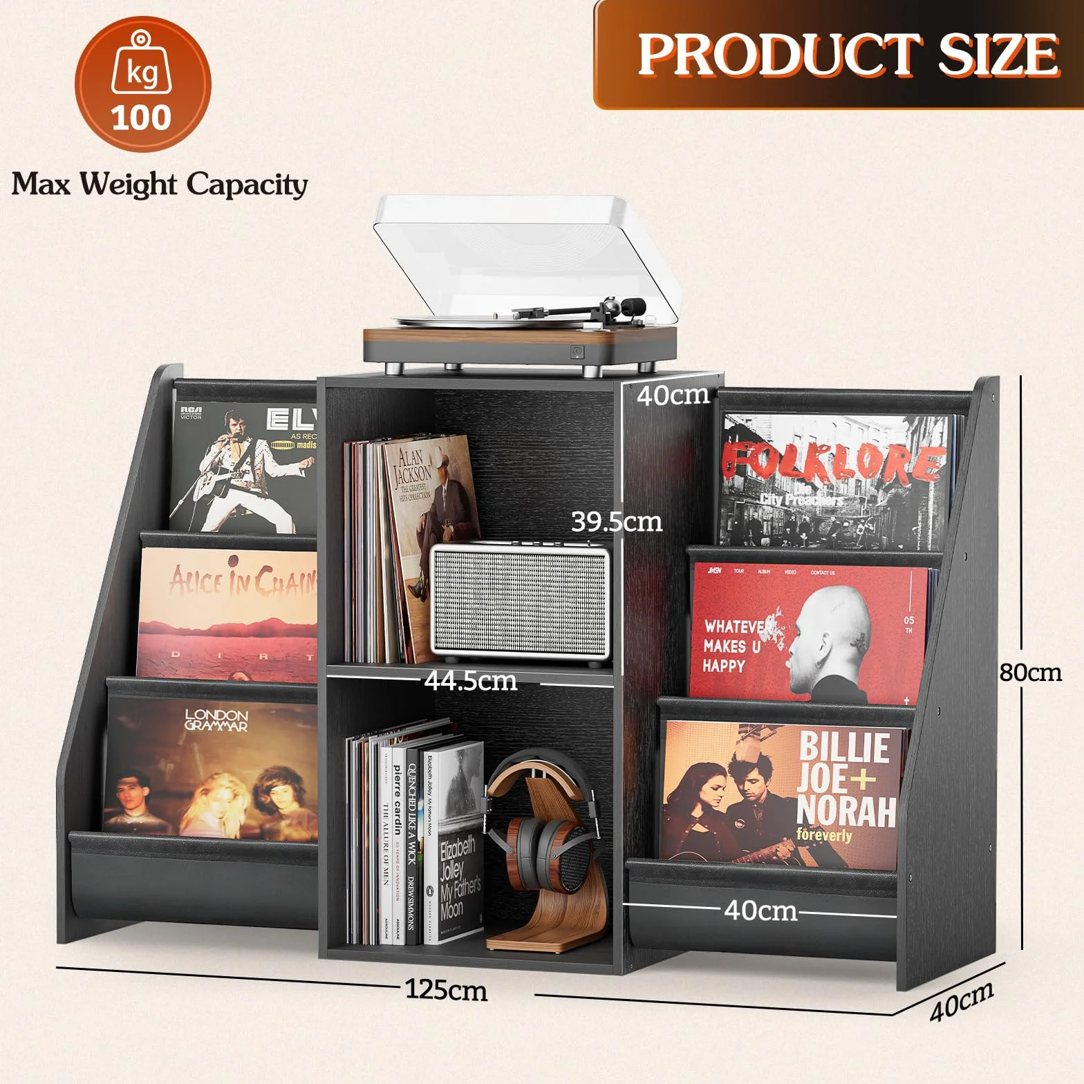 Bikoney Stojak na Gramofon z Półką na Winyle – Szafka Pod Gramofon z Miejscem na 300 Płyt, Konsola Multimedialna z Półką na CD do Winyli, Stereo i Gramofonów (Vintage Czarny)