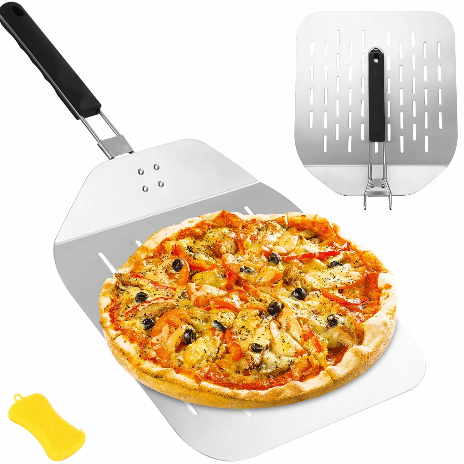 Zawaer Łopata do pizzy z krótkim otworem, profesjonalna stal nierdzewna, duża powierzchnia do grillowania, składany uchwyt do piekarnika i grilla, bardziej stabilna