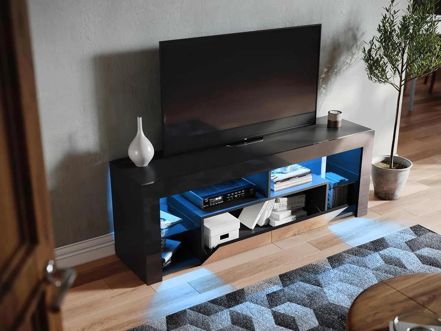 SONNI Czarna szafka pod telewizor z oświetleniem LED, wysoki połysk, z regałem szklanym, drzwi składane, bez uchwytów, kredens, szafka pod telewizor, 12 kolorów do ustawienia, 140 x 35 x 50,5 cm.