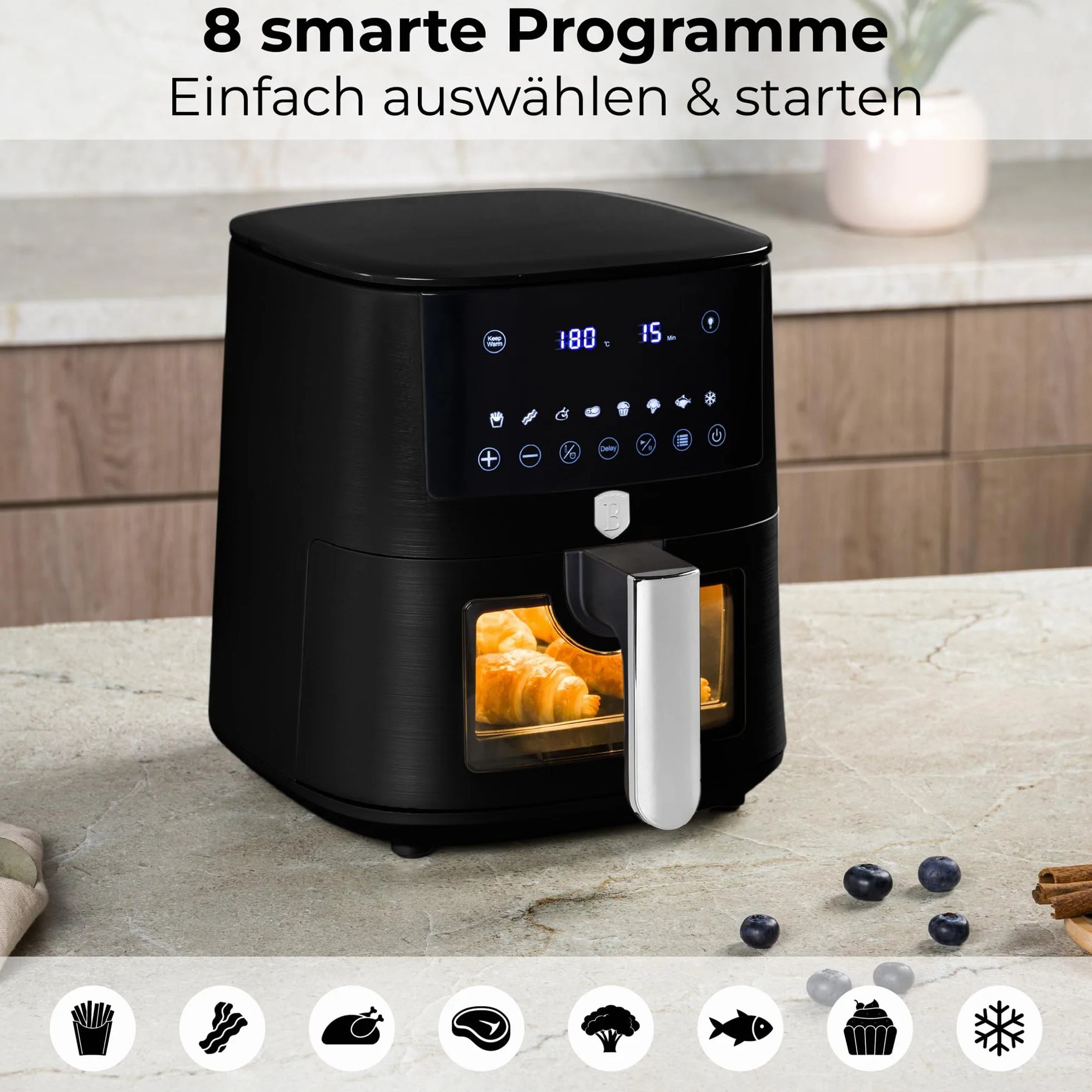 Berlinger Haus Matt Black Collection frytkownica na gorące powietrze, 5 litrów, z okienkiem, 8 programów, gotowanie bez tłuszczu, nieprzywierający kosz TitanPro, 1400 W, urządzenie kuchenne