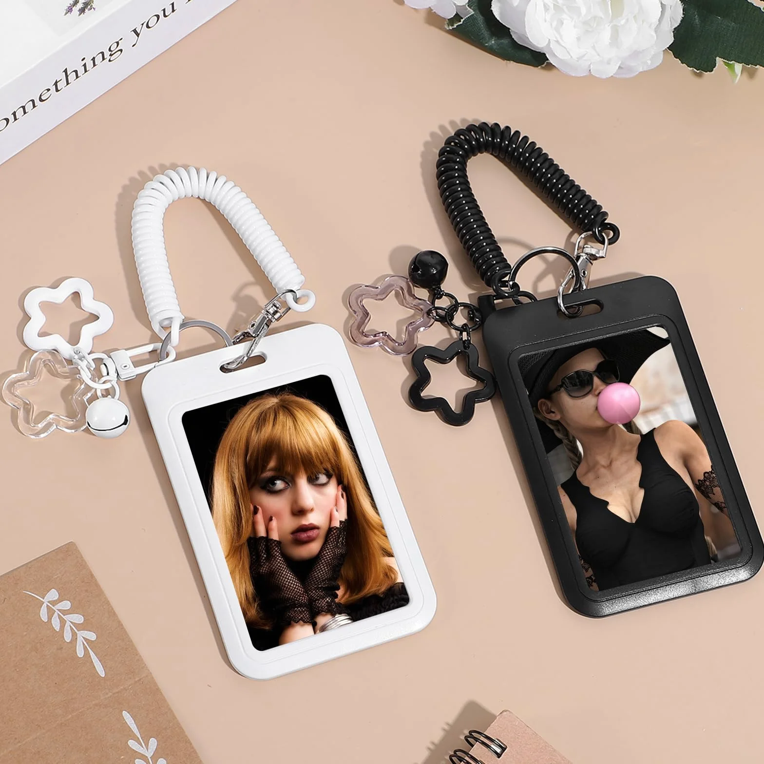 Star Bells uchwyt na fotokartkę brelok z wiosną różowy PCW uchwyt na kartę fotograficzną brelok idol wystawa zdjęcie organizer identyfikator odznaka