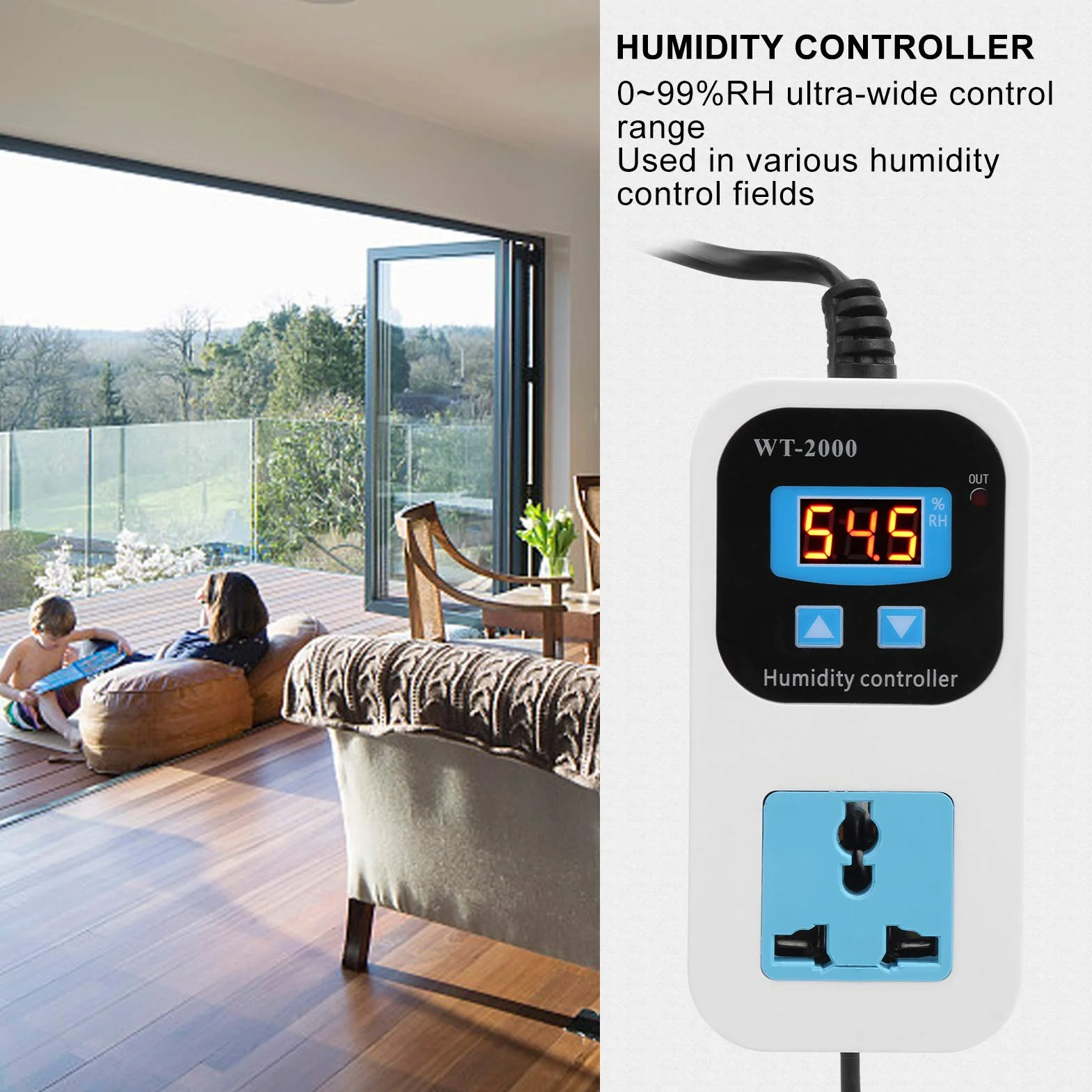 Cyfrowy Regulator Wilgotności Nawilżanie Gniazdo Przełącznika Osuszania Abs Higrostat 0% ~ 99% RH WT‑2000 110-220 V Narzędzia do Kontroli Wilgotności dla Magazynów Szklarnie(EU Plug)