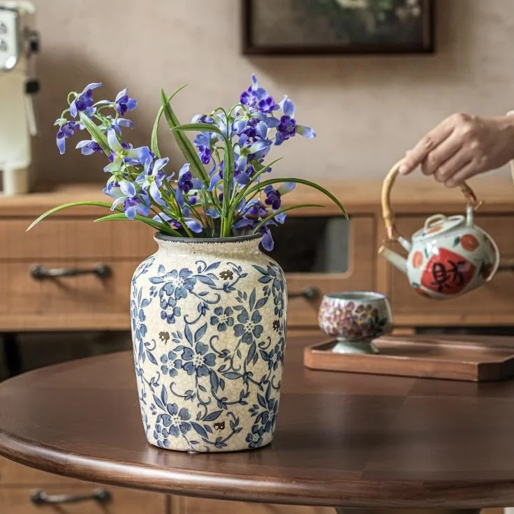 Wazon na kwiaty, salon, stolik kawowy, ganek, niebiesko-biała porcelana, retro, wazon ceramiczny z kropkami lodu, badanie parapetówki, dekoracja w stylu chińskim, dekoracja do salonu (M)