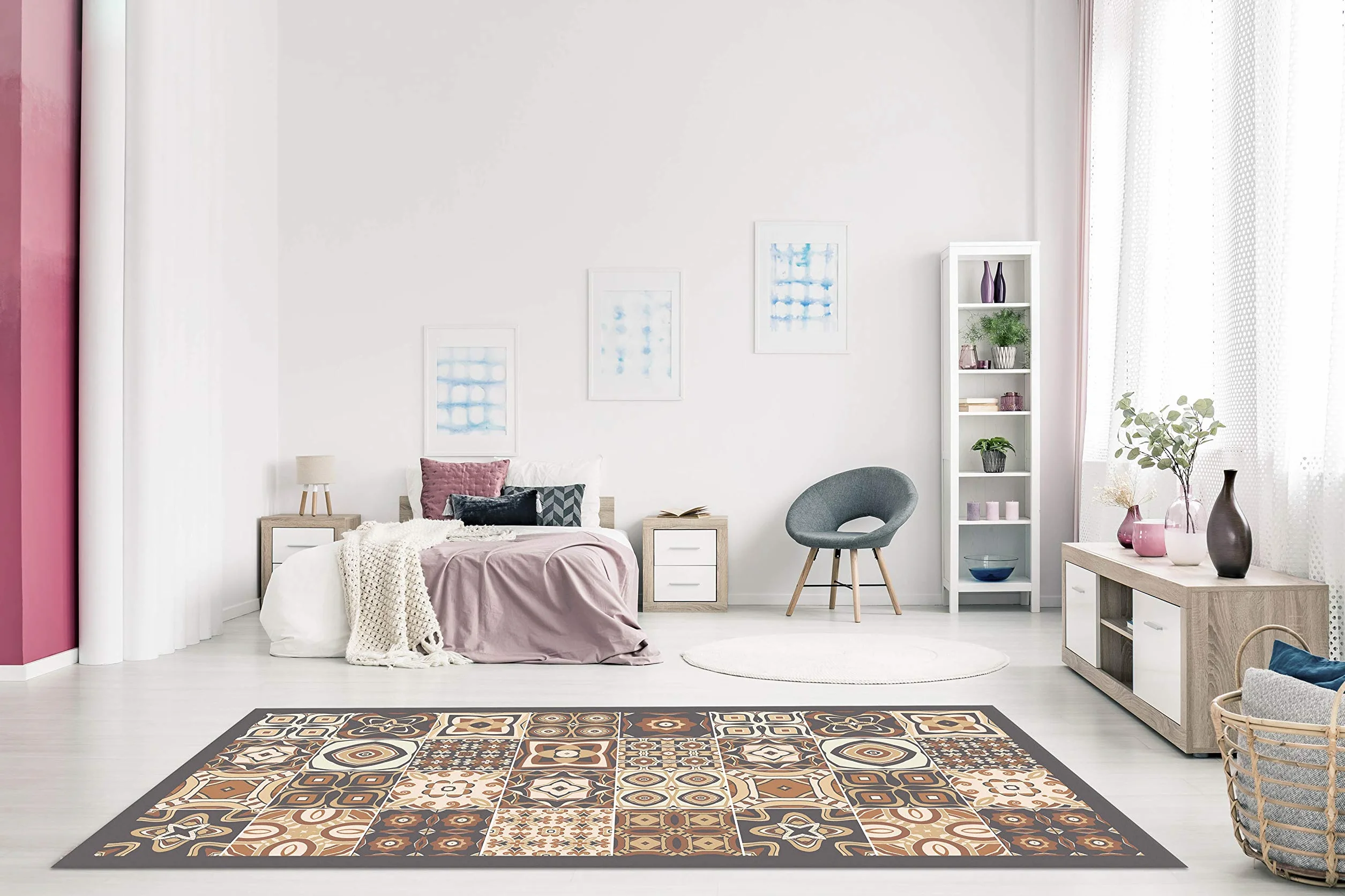 Panorama Mata podłogowa winylowa w płytki cementowe brązowe 40x80 cm - mata kuchenna z linoleum winylowego PVC - antypoślizgowy zmywalny trudnopalny dywan do kuchni, biura salonu - ochrona podłogi