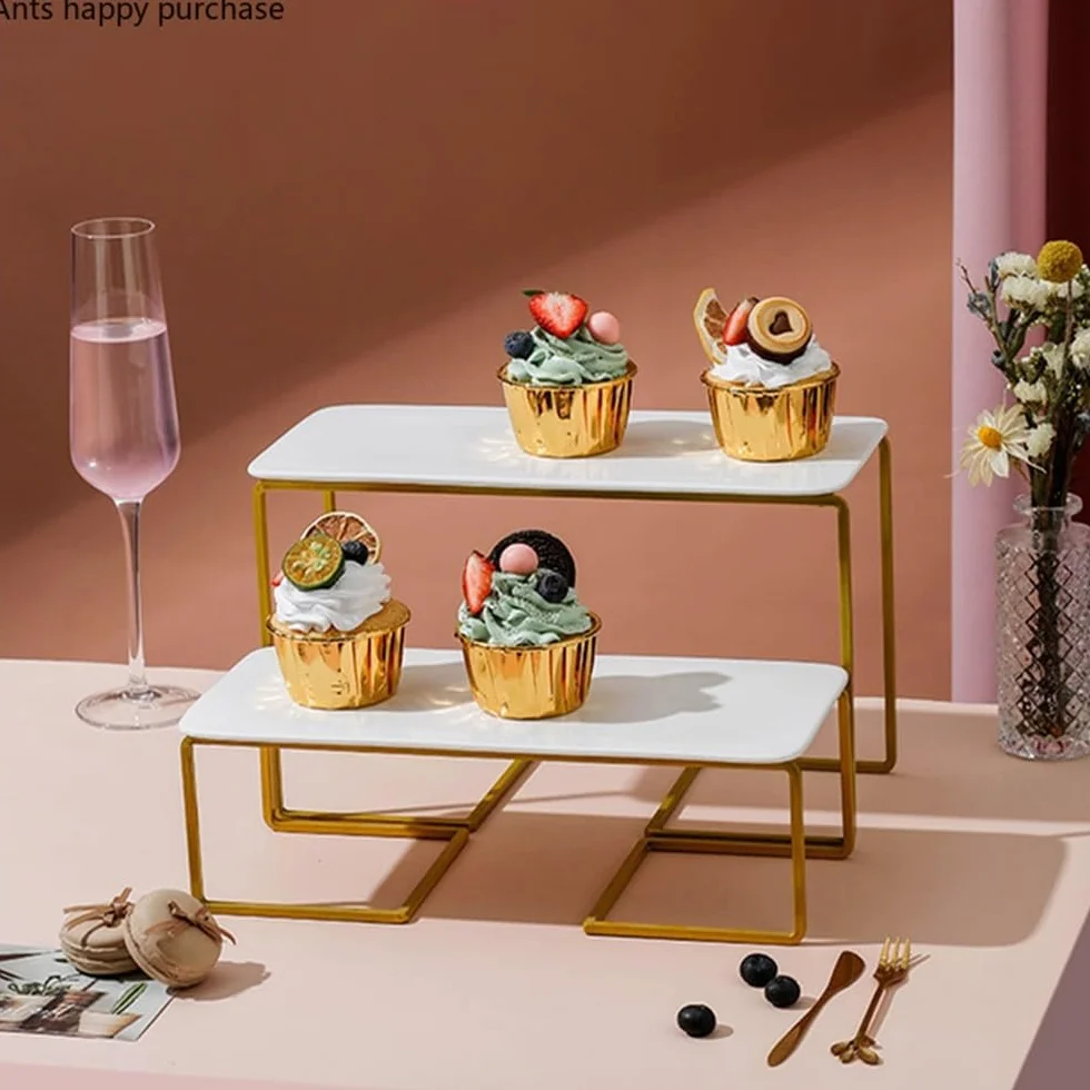 Wieża do ekspozycji ciast Stojak na ciasto z kutego żelaza, biały ceramiczny talerz, foremka babeczki, przekąski, deser, stojak ekspozycyjny Stojak na ciasta(Gold,Duży)