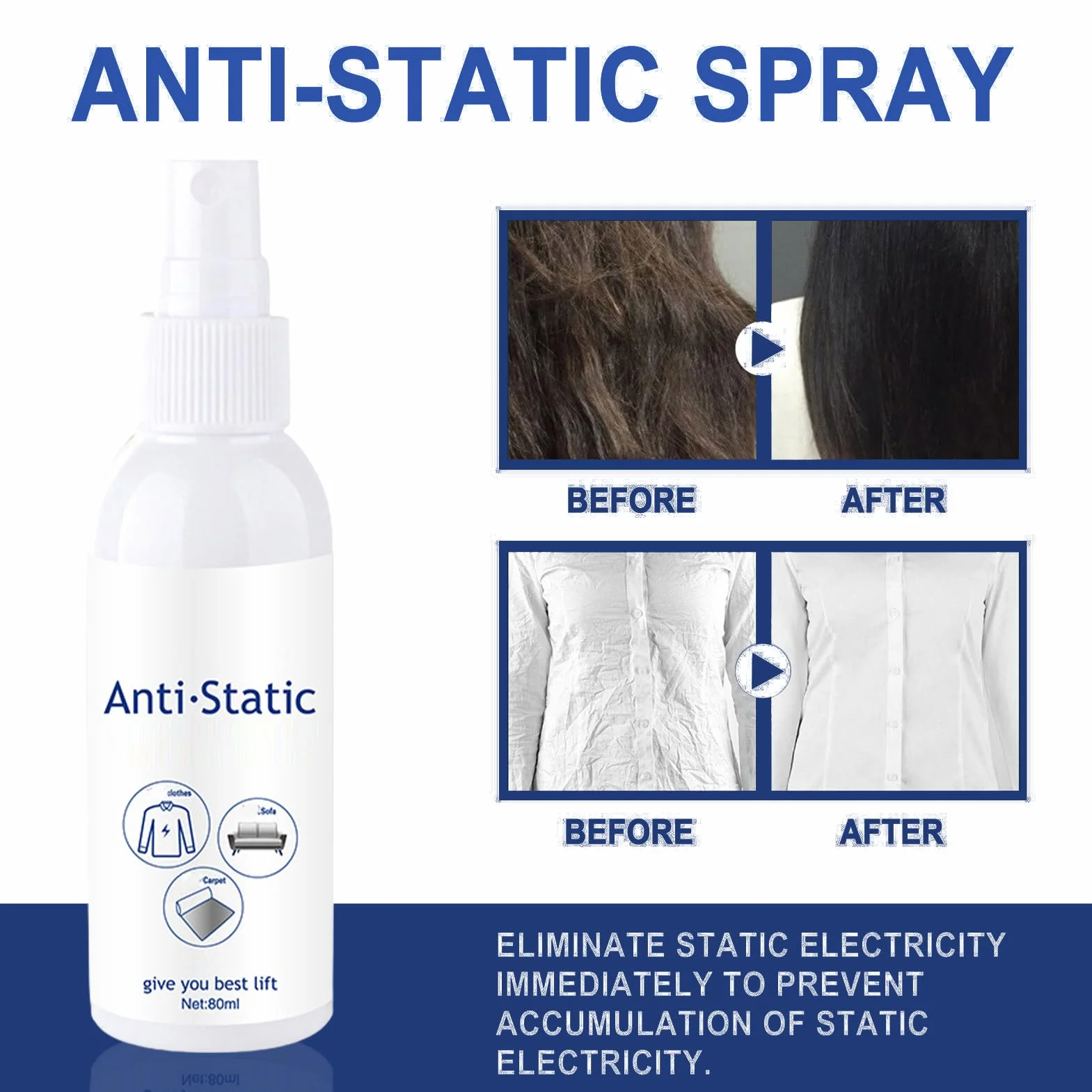 Spray statyczny, 80 ml, odświeżacz do tekstyliów, antystatyczny spray – natychmiastowy efekt wygładzania i płyn do płukania tkanin, dywanów i mebli o długotrwałym działaniu