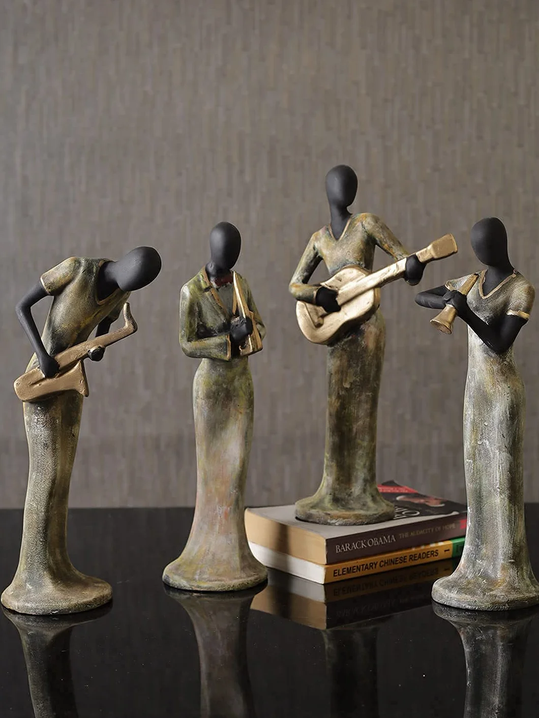 Fascinate Care zestaw 4 muzycznych damskich figurek instrumentów do zabawy, element dekoracyjny figurki kolekcjonerskie do dekoracji domu, półka ścienna, stół, biuro, salon, dekoracja, przedmiot (poliester, każda 34 cm)