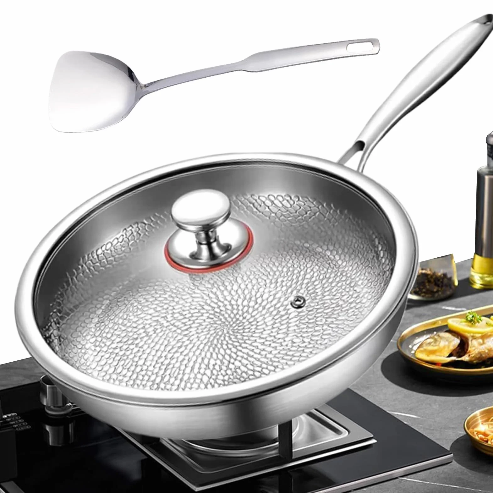 Patelnie i patelnie – nieprzywierająca patelnia do głębokiego smażenia z pokrywką i łopatką, garnki do omletu, do smażenia steków, ryb, naleśników, omletów
